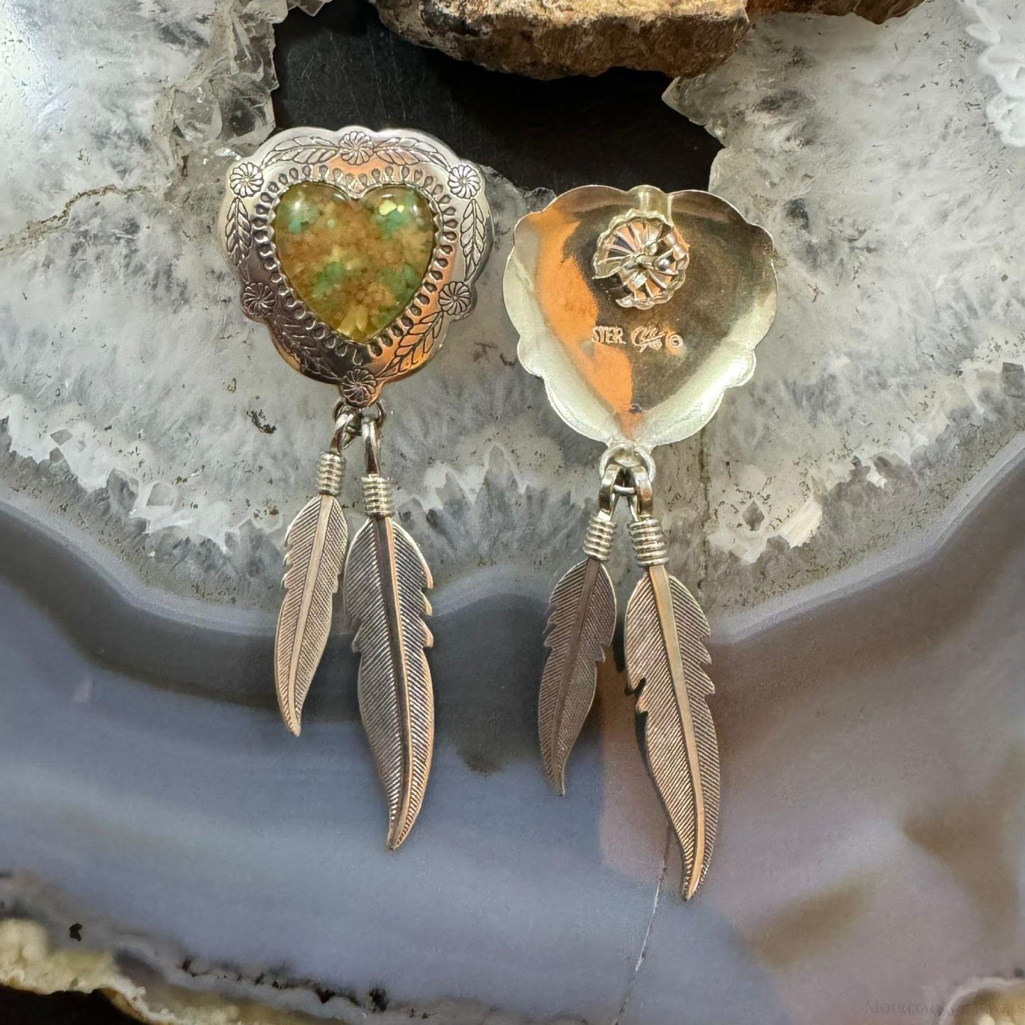 Carolyn Pollack Sterling Silver Heart Shape Chip Gemstones w/Feathers Dangle Earrings For Women