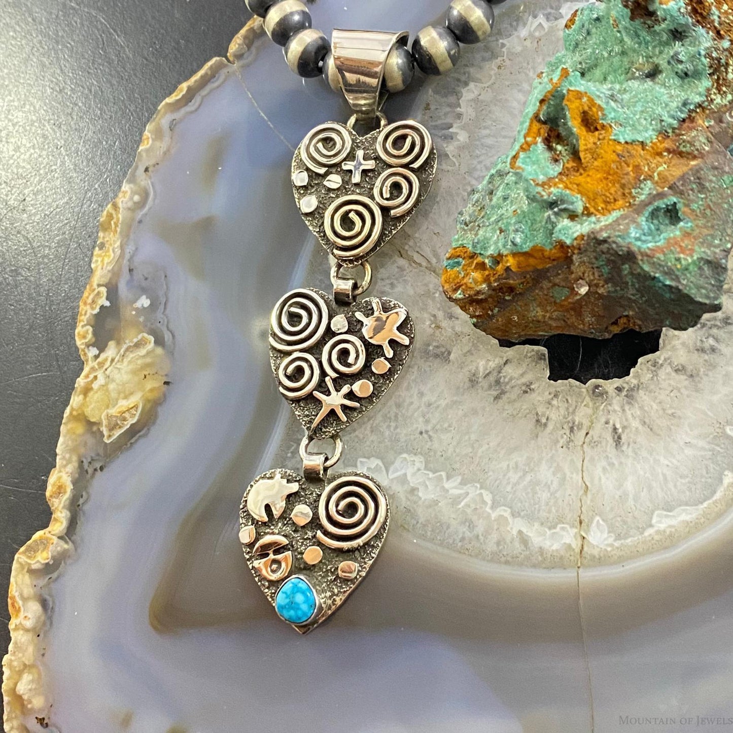 Alex Sanchez Native American Sterling Silver Triple Petroglyph Heart w/Turquoise Pendant For Women #4