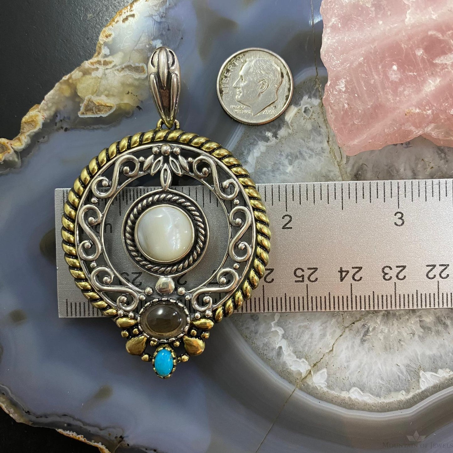 Carolyn Pollack Southwestern Style Sterling Silver & Brass Multistone Decorated Pendant For Women
