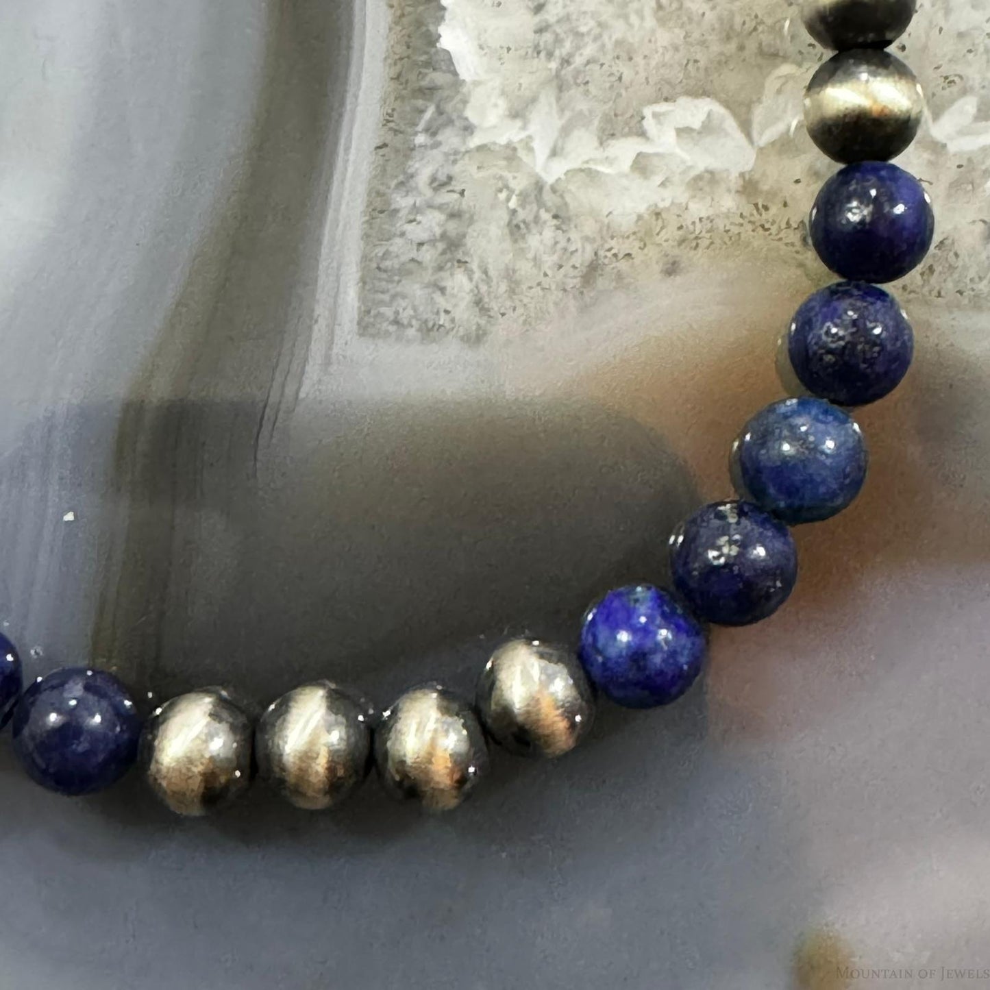 Native American Sterling Silver 5 mm Navajo Pearl & Lapis Bead Link Bracelet For Women