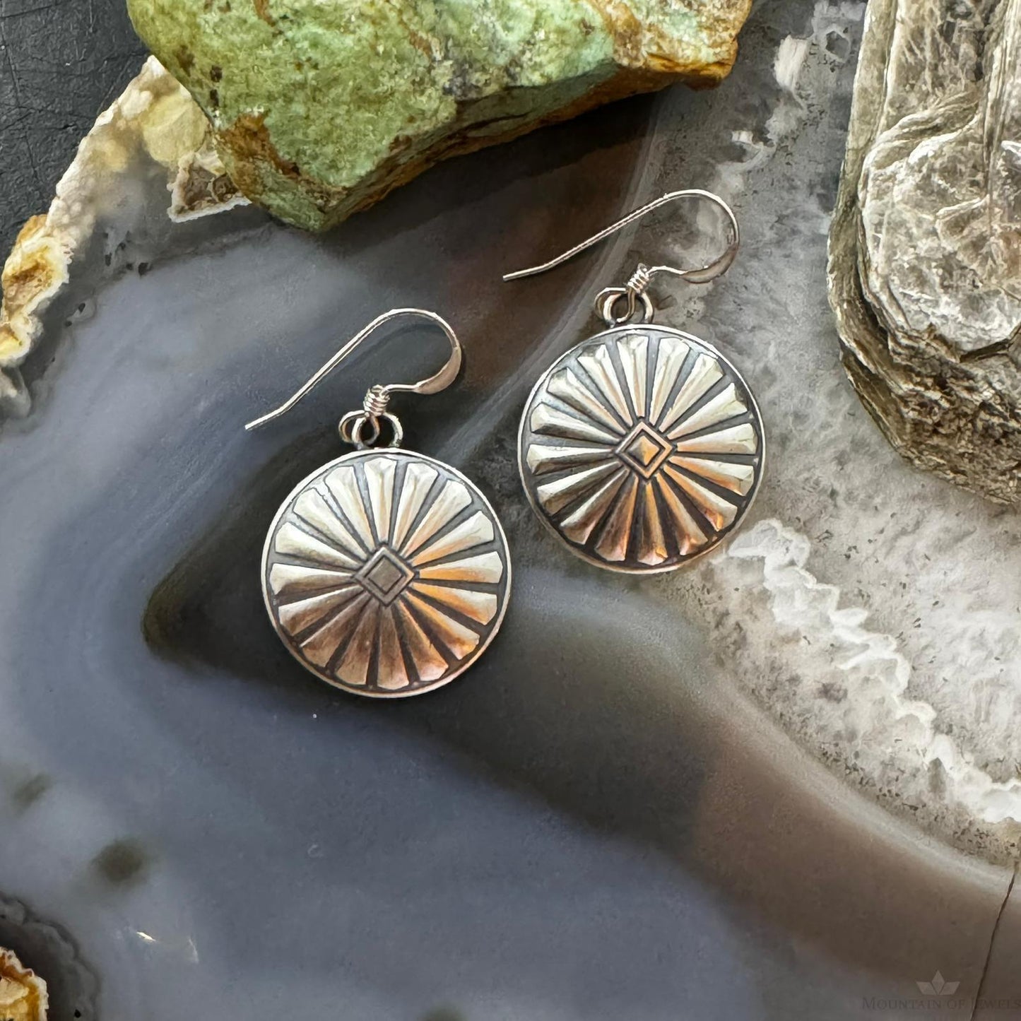 Native American Sterling Silver Sunburst Round Concho Stamped Dangle Earrings For Women