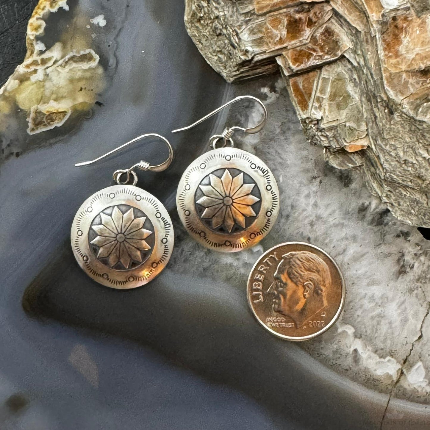 Native American Sterling Silver Stamped Flower Concho Dangle Earrings For Women