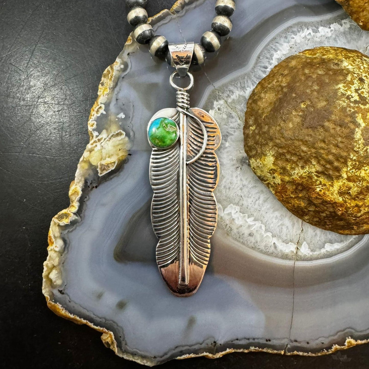 Native American Sterling Silver Round Sonoran Gold Turquoise Feather Unisex Pendant