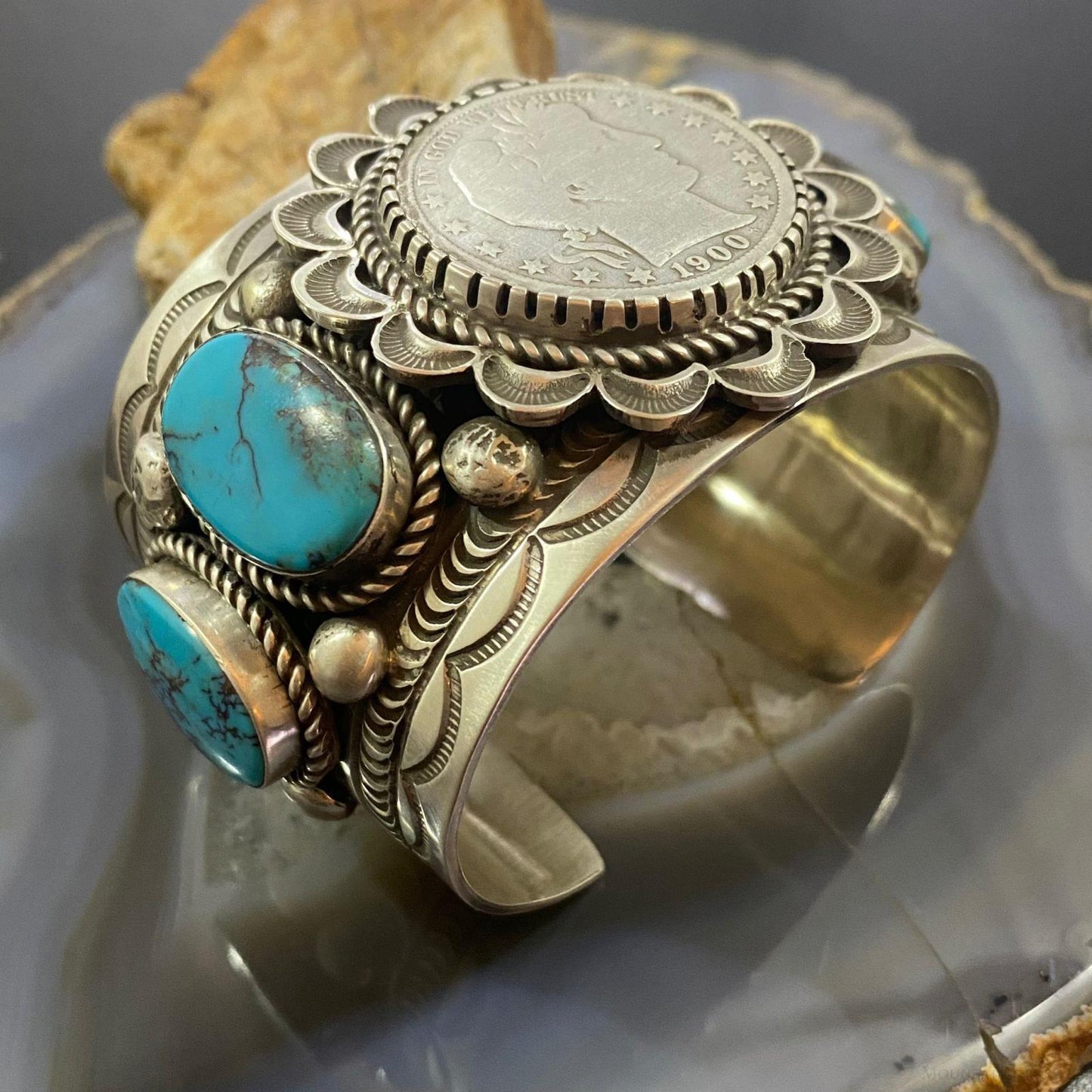 Alex Sanchez Sterling Silver Barber Head Half Dollar & 4 Oval Turquoise Bracelet For Women