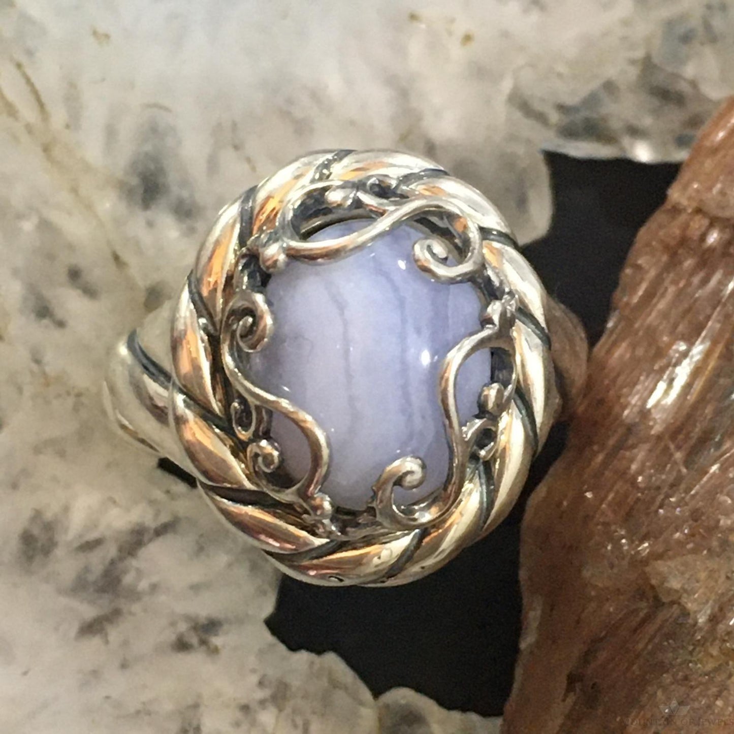 Carolyn Pollack Sterling Silver Oval Blue Lace Agate Decorated Ring Size 8 For Women