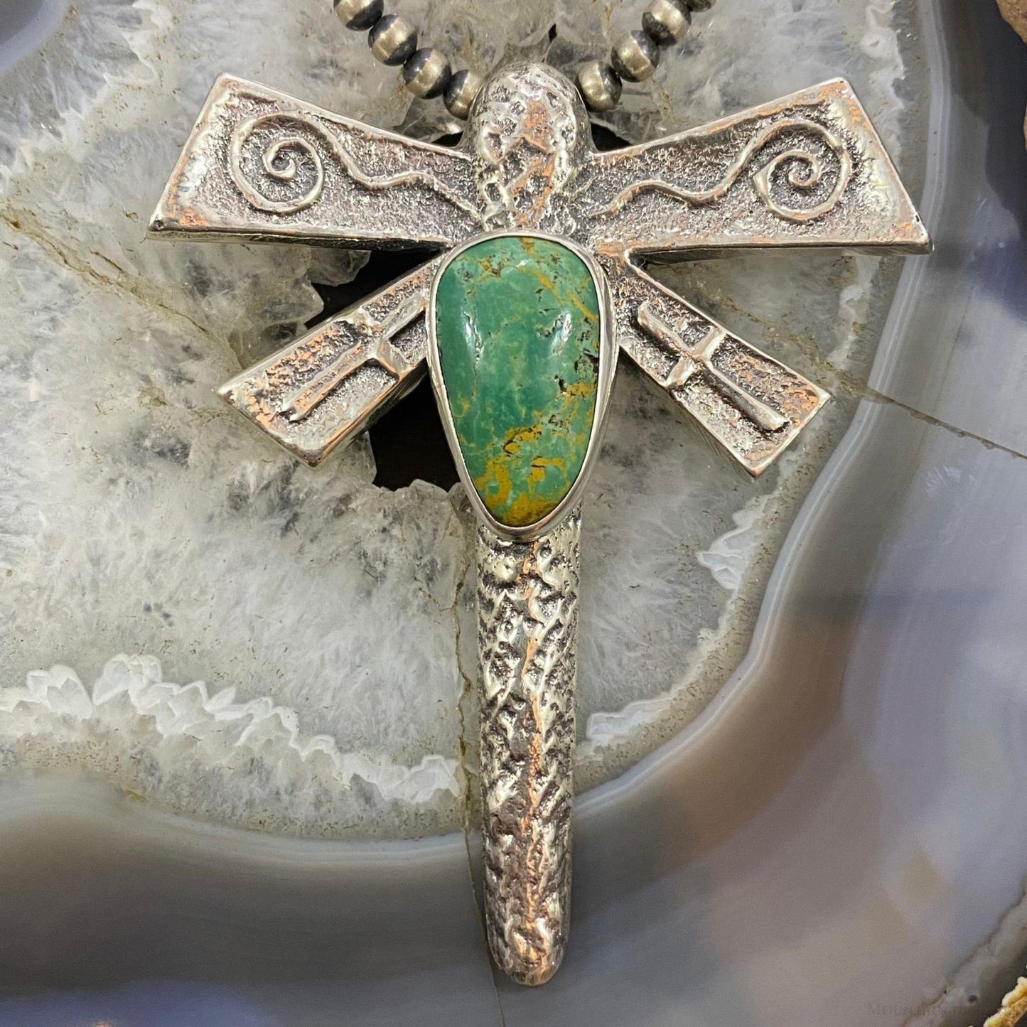 Gary Custer Navajo Sterling Silver Tufa Cast Dragonfly Royston Turquoise Unisex Pendant