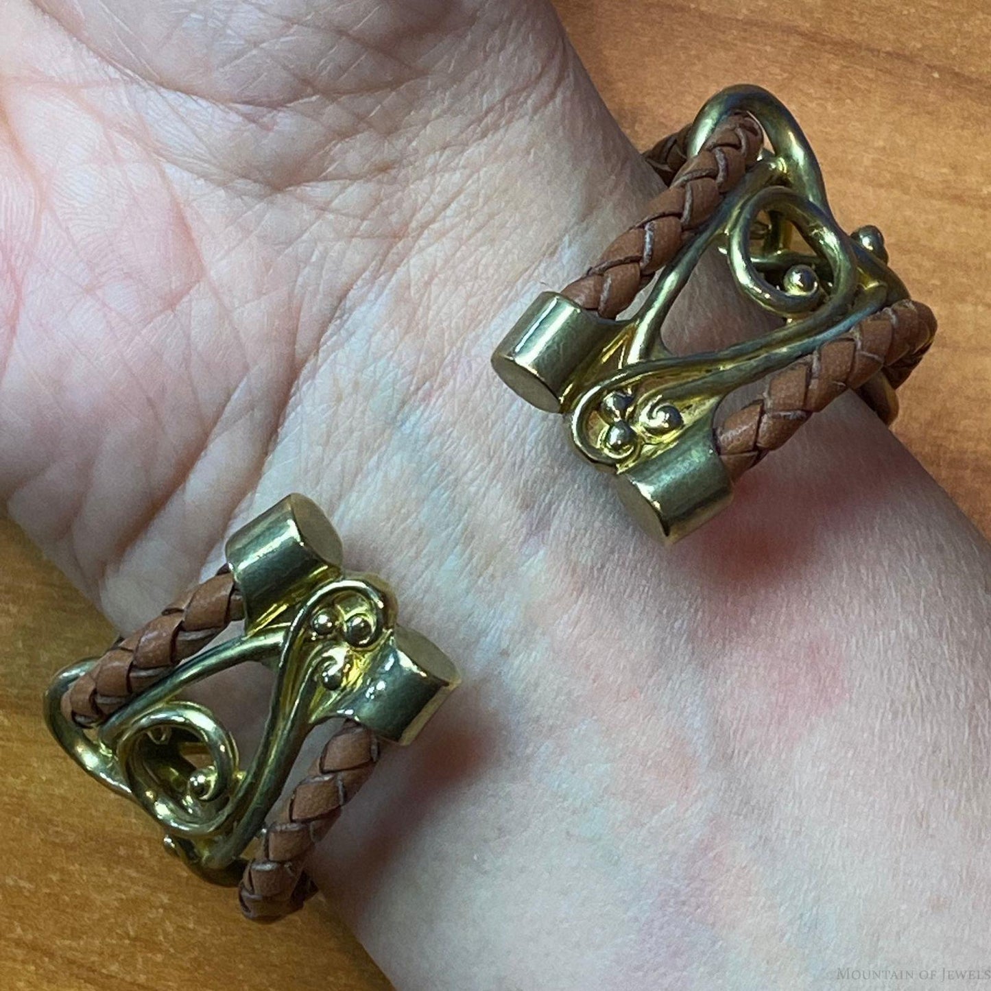 Carolyn Pollack Sterling Silver & Brass Double Row Brown Leather Decorated Bracelet