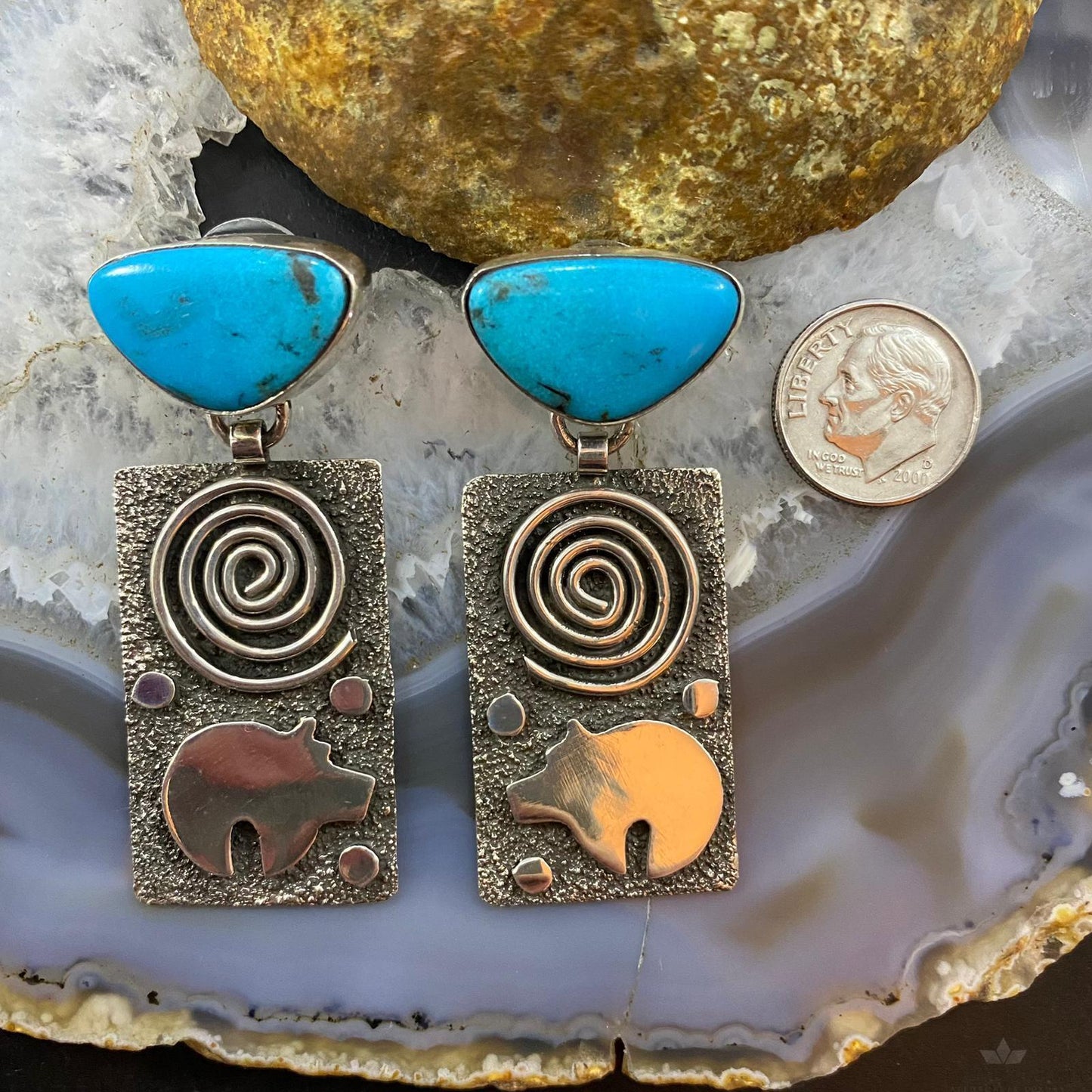 Alex Sanchez Native American Sterling Silver Turquoise Petroglyph Dangle Earrings For Women #1