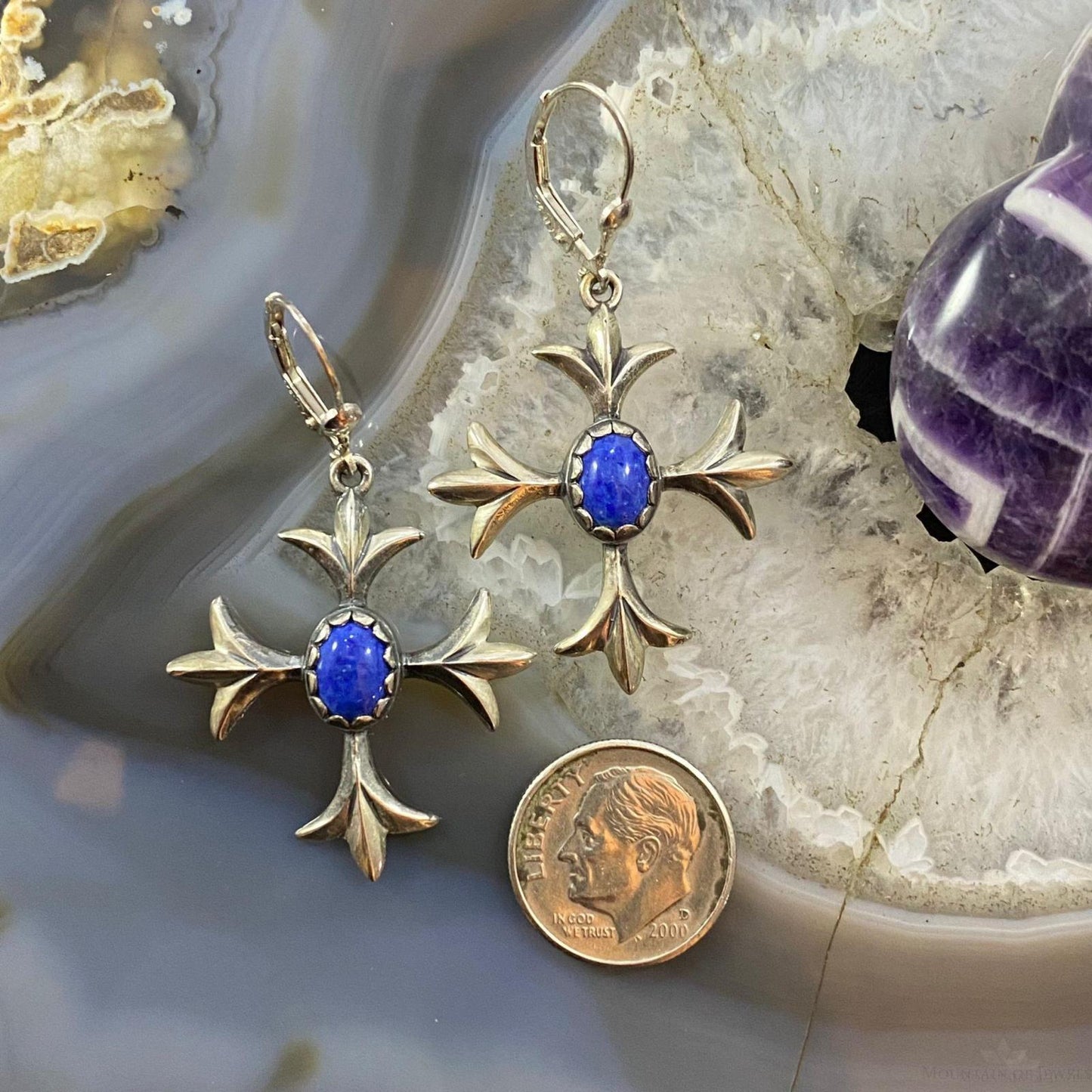 Carolyn Pollack Southwestern Style Sterling Silver Lapis Squash Blossom Dangle Earrings For Women