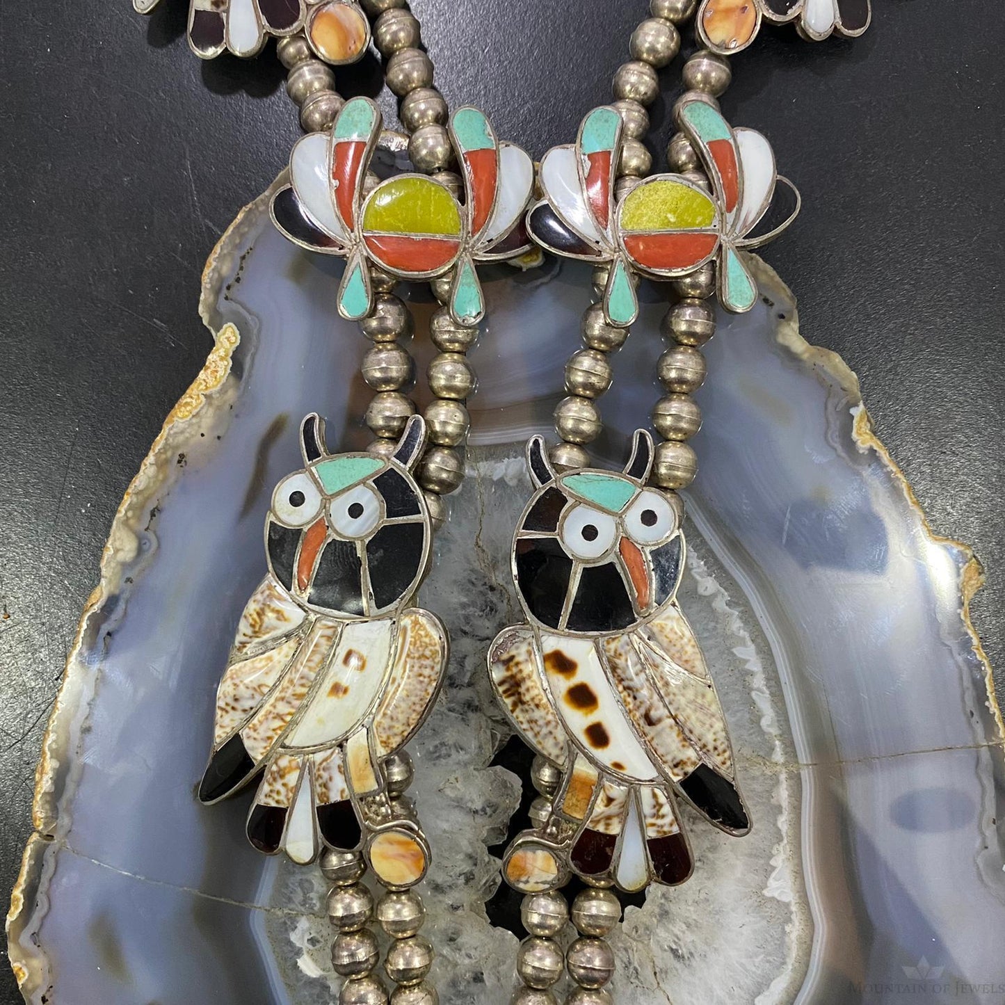 Vintage Native American Silver Bead Multistone Zuni Inlay 5 Owl Necklace