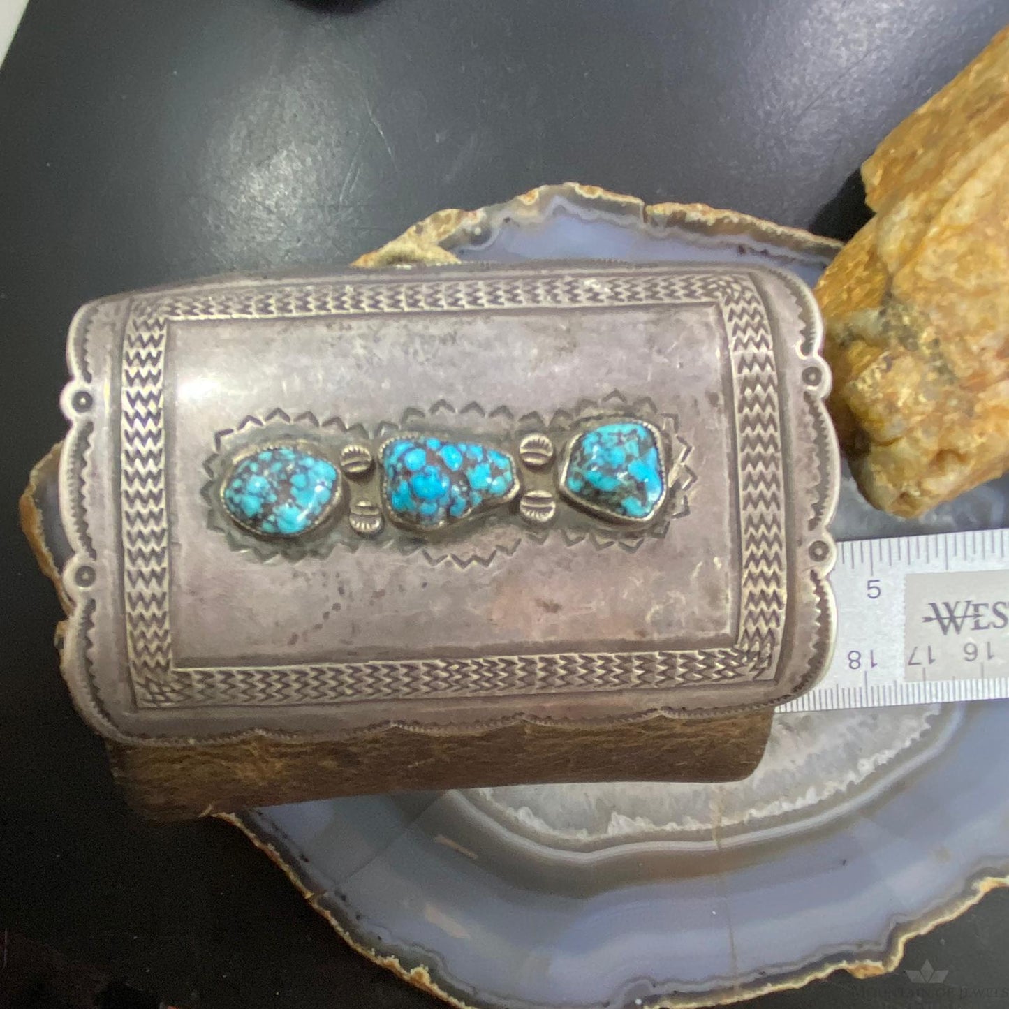 Antique Native American Silver, Leather & 3 Kingman Turquoise Ketoh Bow Guard