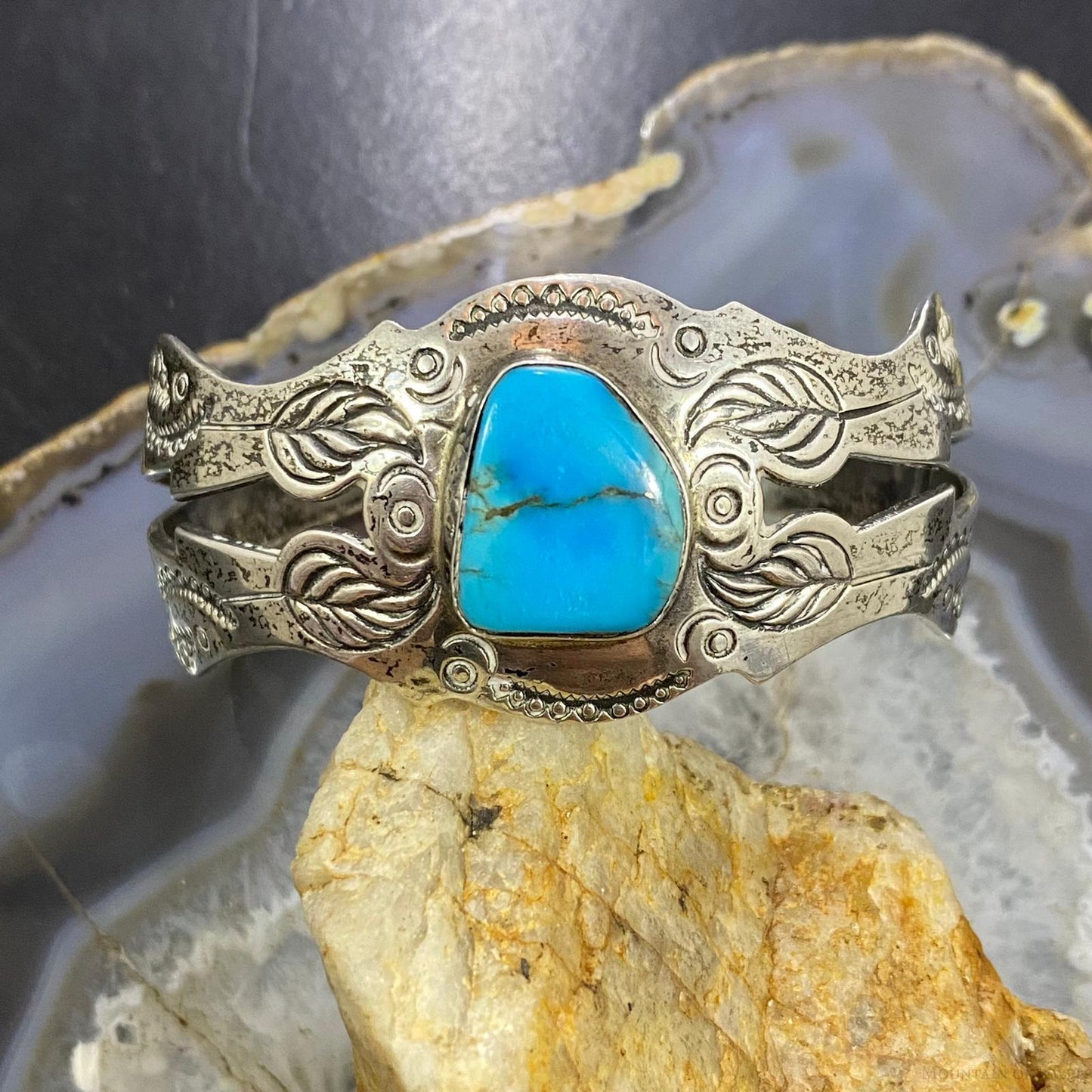 Vintage Native American Sterling Silver Turquoise Stamped Bracelet For Women