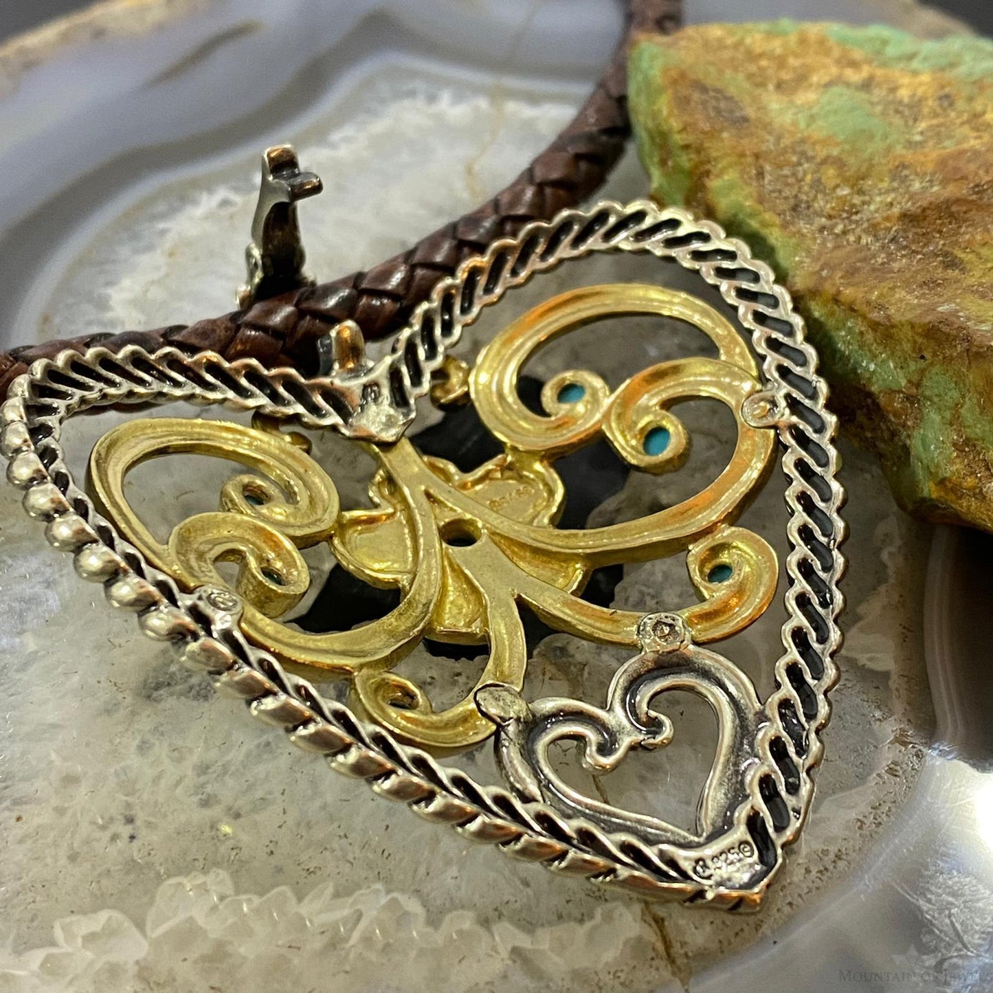 Carolyn Pollack Southwestern Style Sterling Silver & Brass Turquoise Heart Pendant For Women
