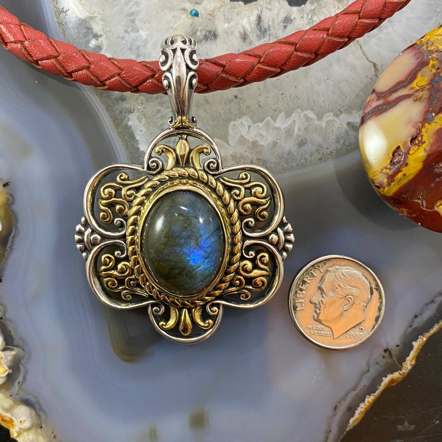 Carolyn Pollack Southwestern Style Sterling Silver & Brass Labradorite Decorated Pendant For Women