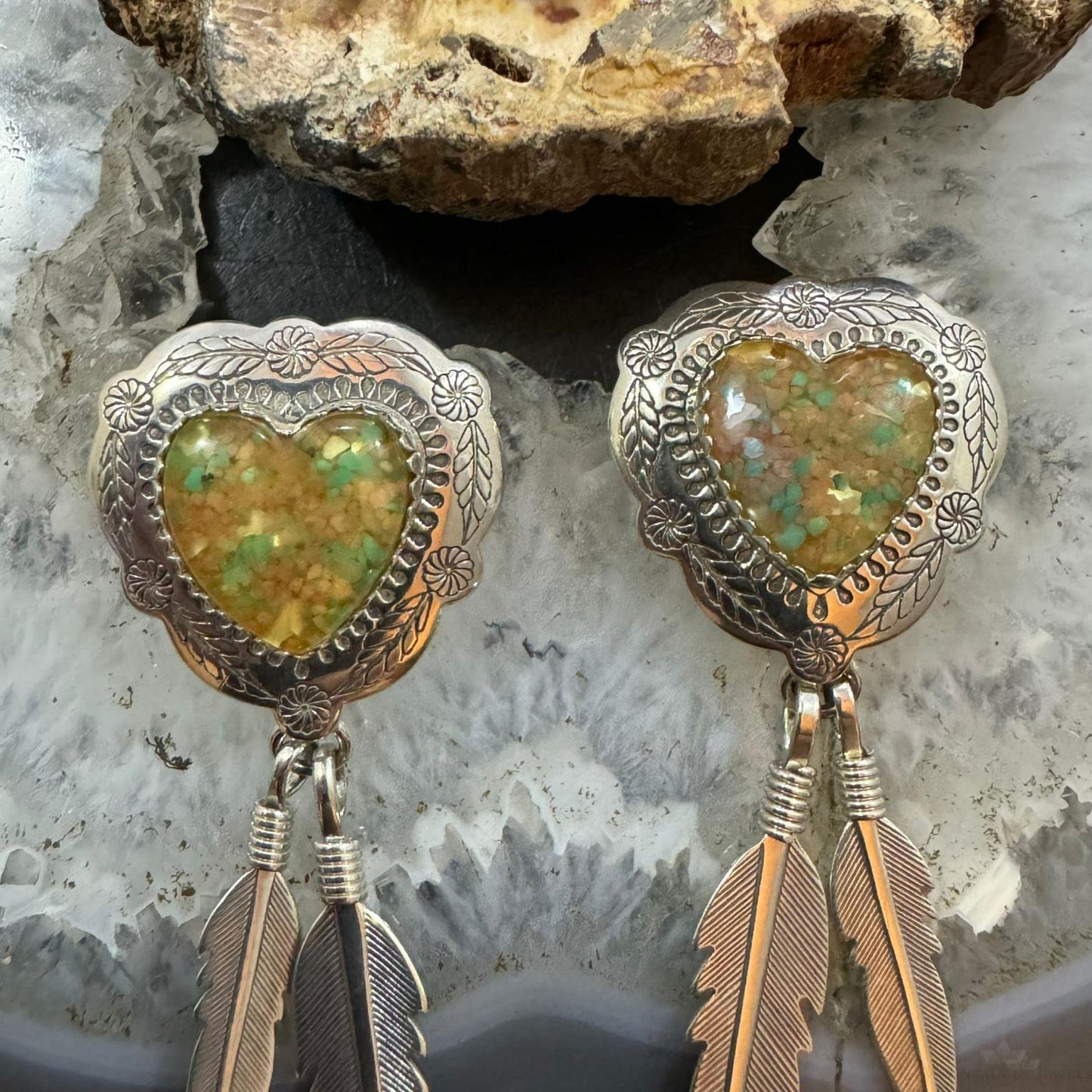 Carolyn Pollack Sterling Silver Heart Shape Chip Gemstones w/Feathers Dangle Earrings For Women