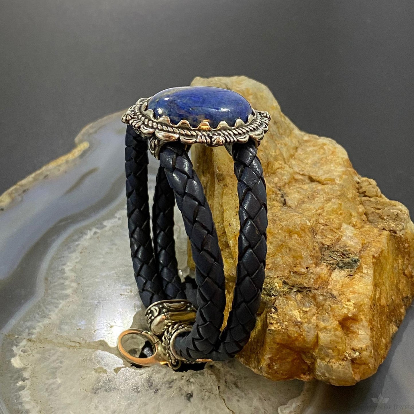Carolyn Pollack Sterling Silver Denim Lapis Navy Braided Leather Bracelet For Women