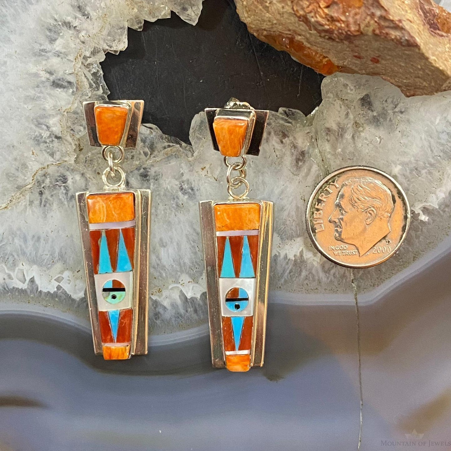 Raylan & Patty Edaakie Zuni Sterling Silver Multi Stone Inlay Dangle Earrings For Women #1