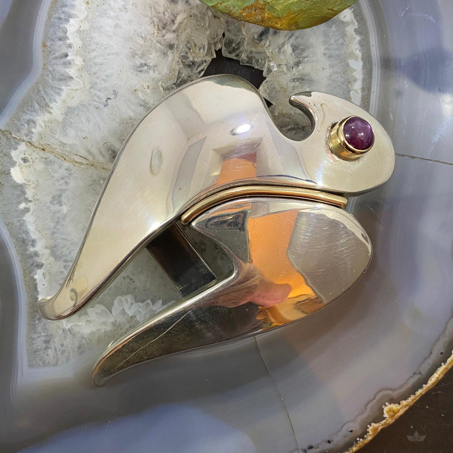 Signed Sterling Silver with 14K Gold & Round Charoite Eagle Unisex Belt Buckle