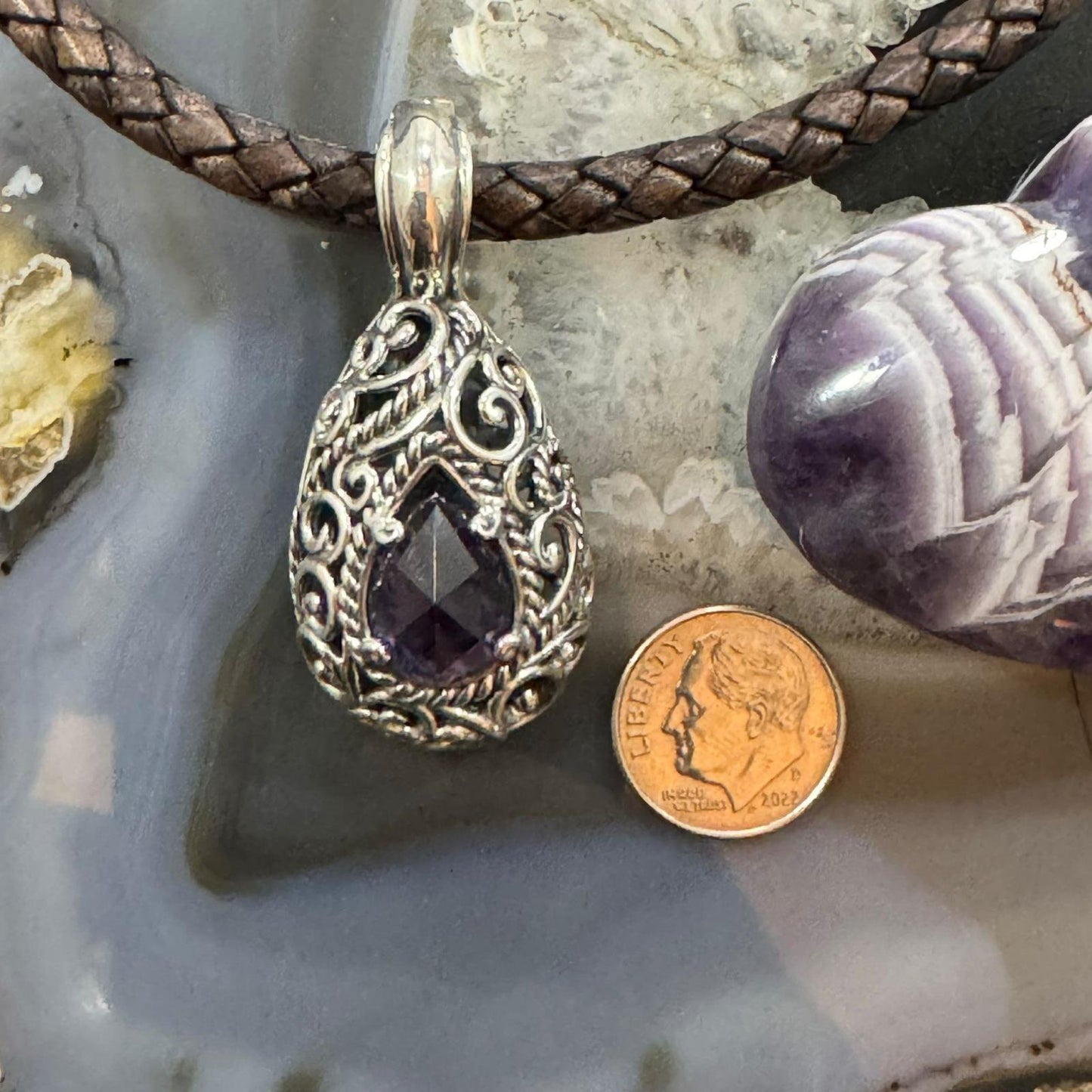 Carolyn Pollack Sterling Silver Teardrop Faceted Amethyst Filigree Enhancer Pendant For Women