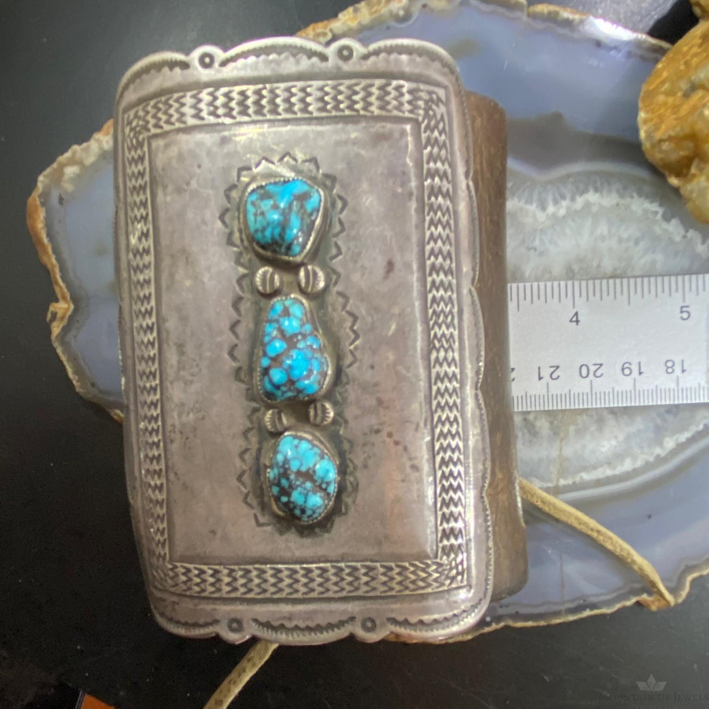 Antique Native American Silver, Leather & 3 Kingman Turquoise Ketoh Bow Guard