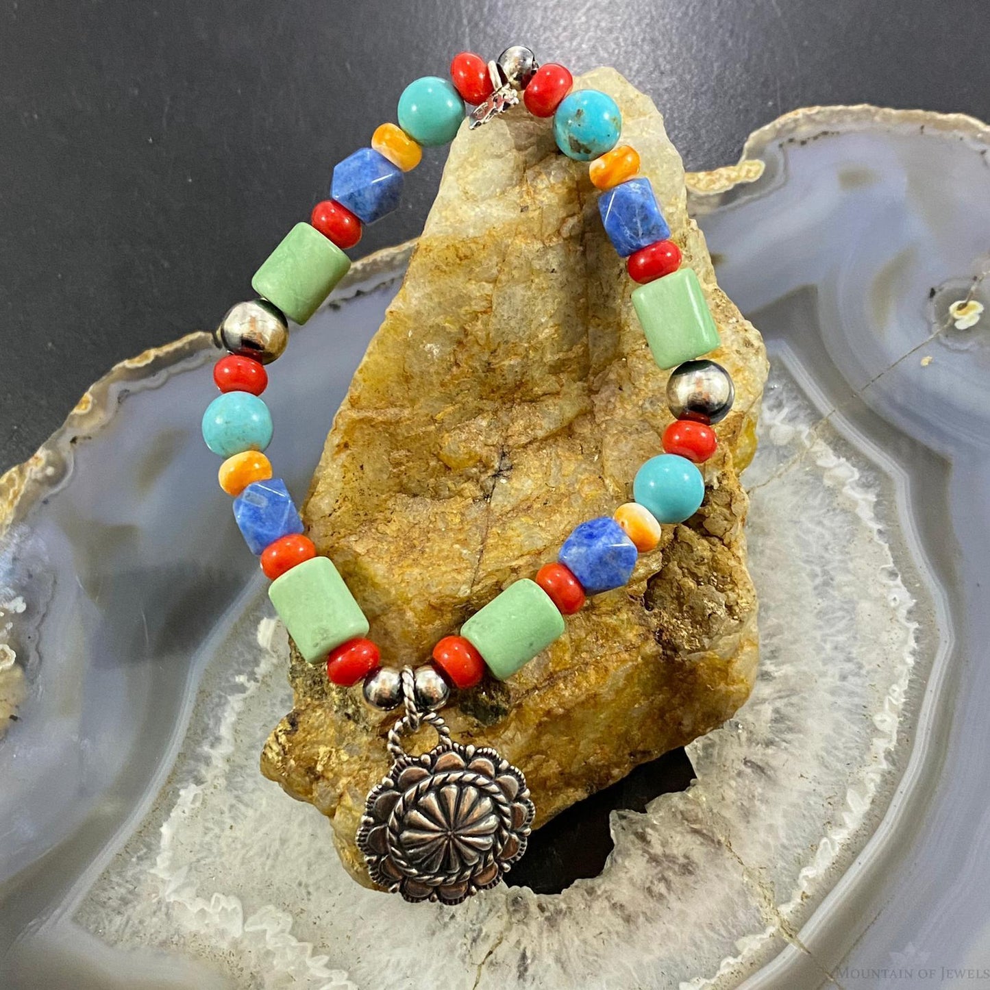 Carolyn Pollack Vintage Sterling Silver Multi Gemstone Bead w/Charm Stretch Bracelet For Women