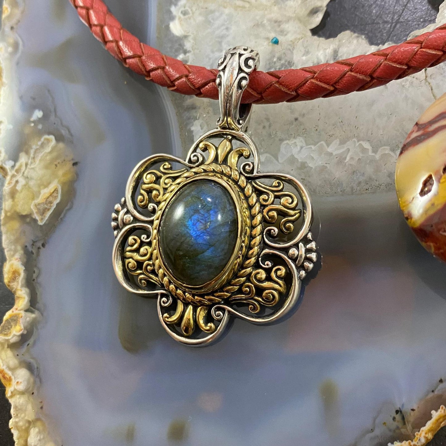 Carolyn Pollack Southwestern Style Sterling Silver & Brass Labradorite Decorated Pendant For Women