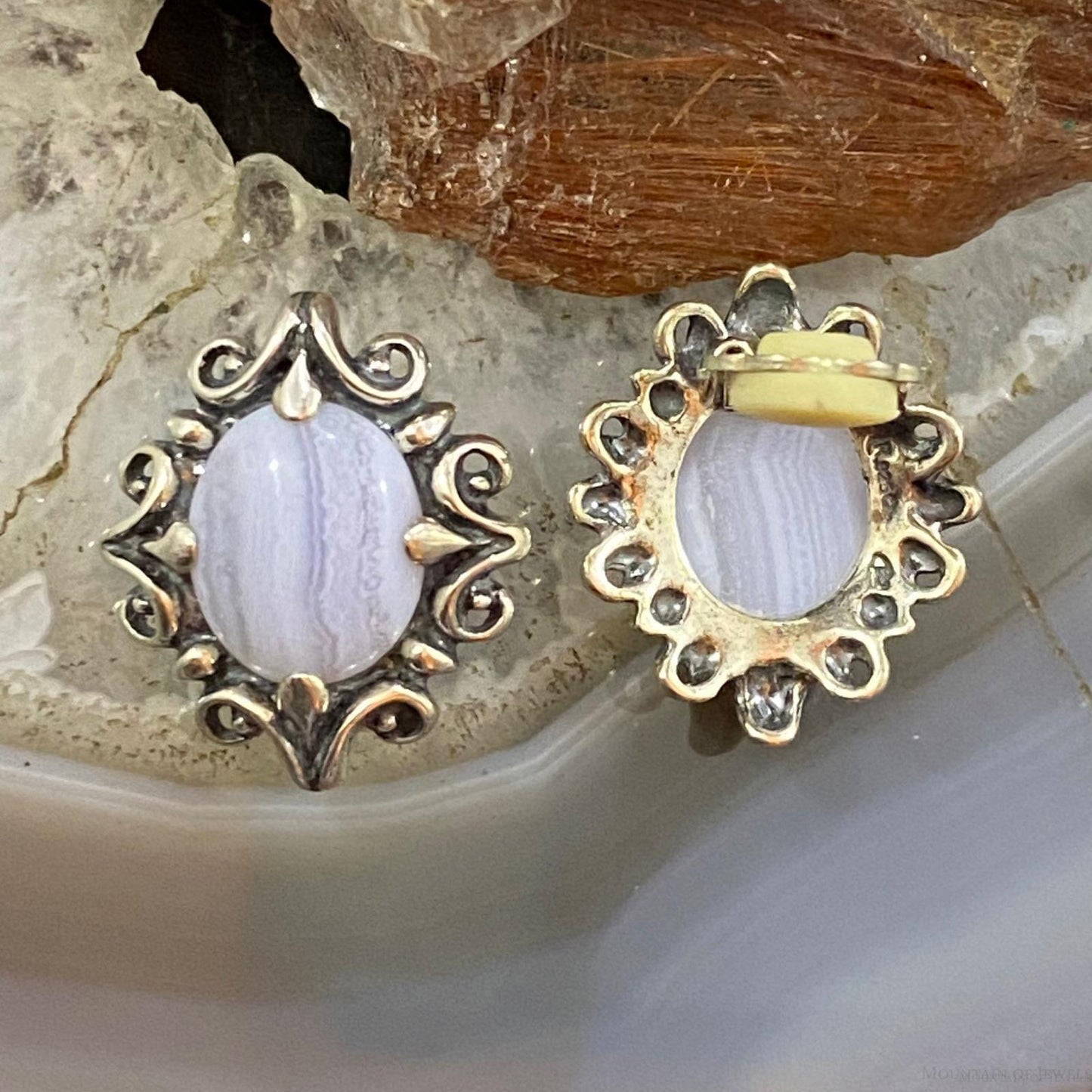 Carolyn Pollack Sterling Silver Oval Blue Lace Agate Decorated Clip-On Earrings For Women