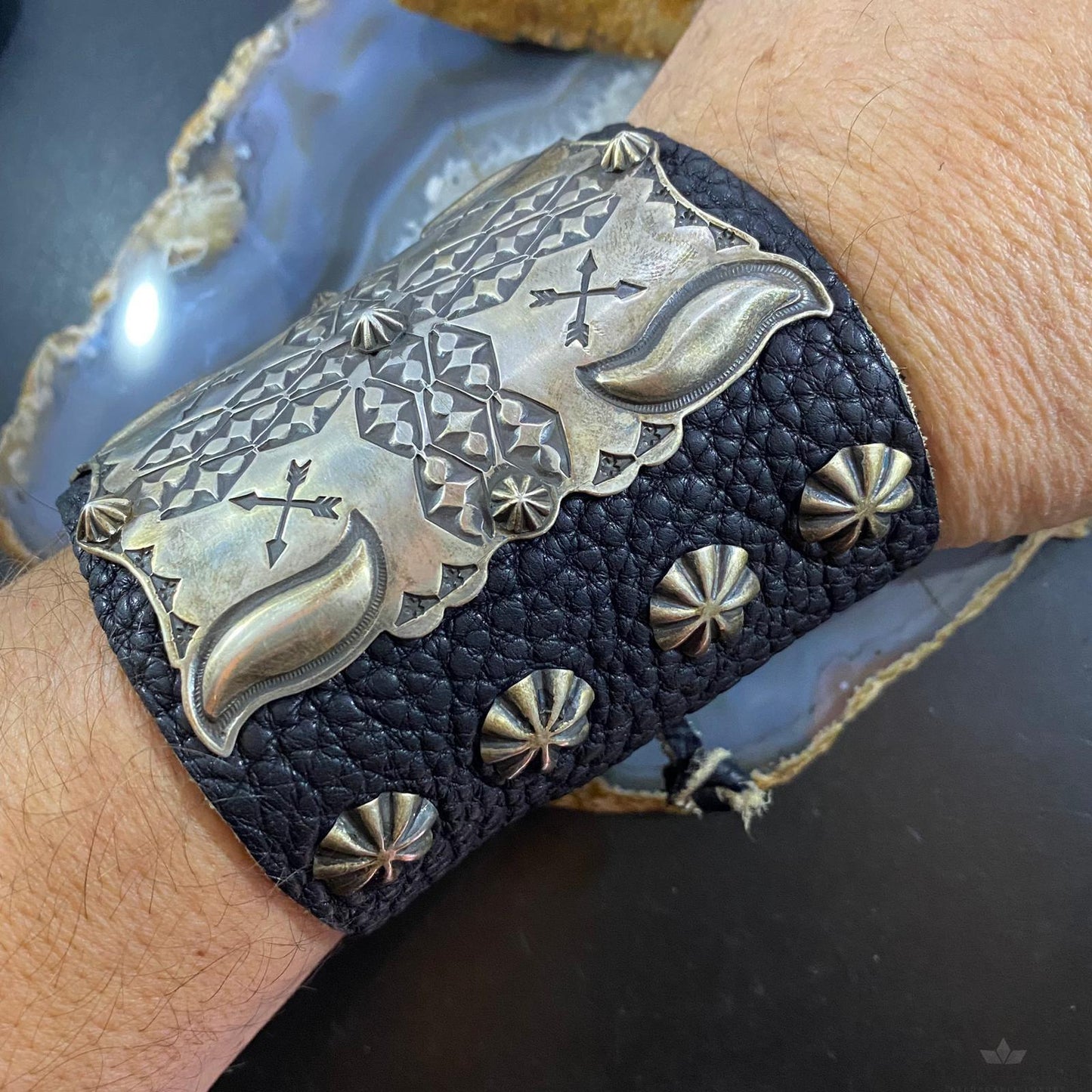 Vintage Native American Silver Stamped Ketoh Bow Guard Bracelet For Men