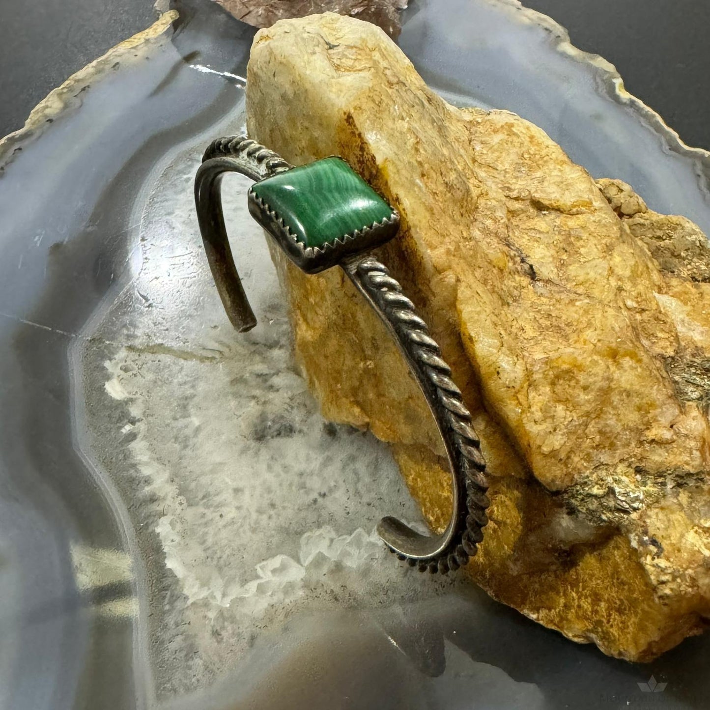 Vintage Native American Silver Square Malachite Decorated Bracelet For Women