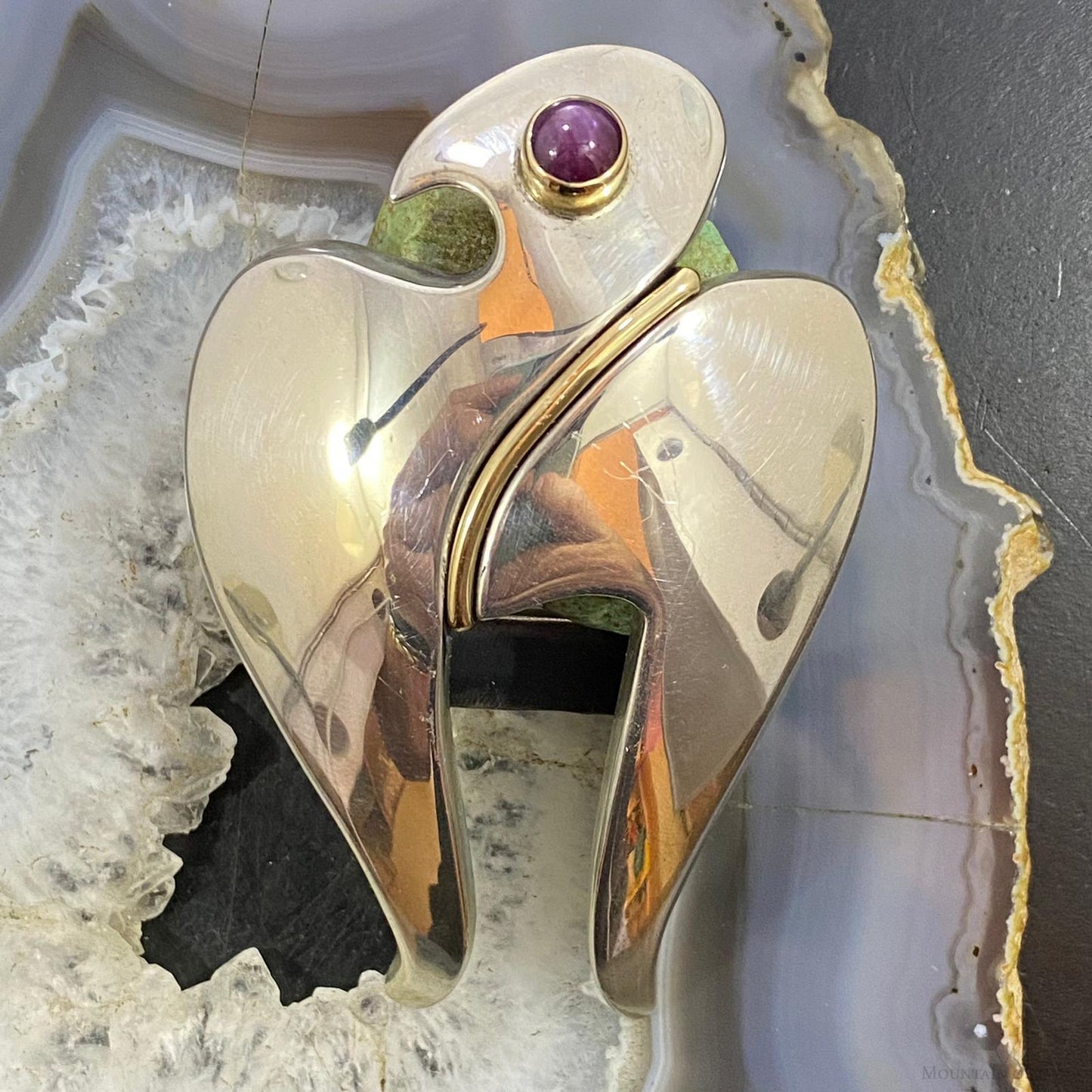 Signed Sterling Silver with 14K Gold & Round Charoite Eagle Unisex Belt Buckle