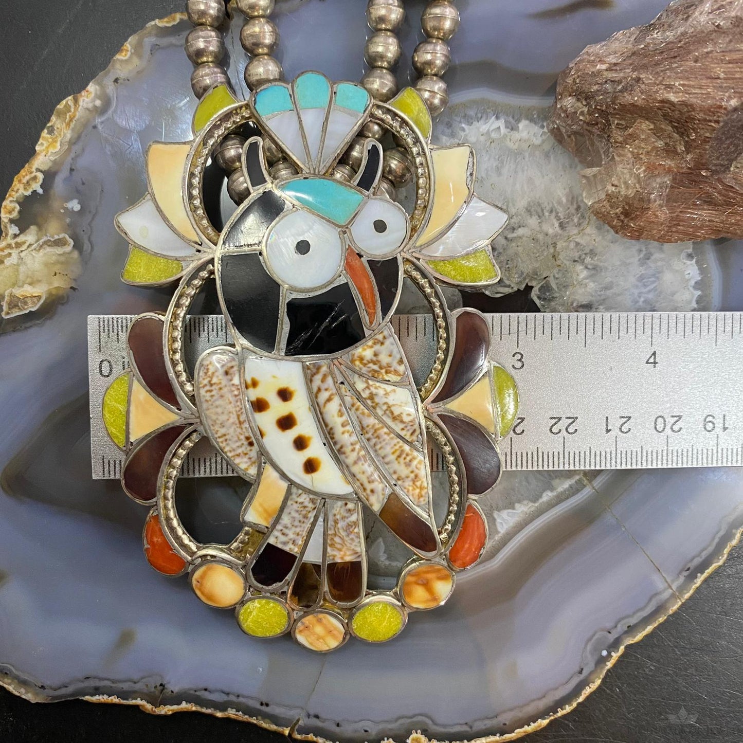 Vintage Native American Silver Bead Multistone Zuni Inlay 5 Owl Necklace