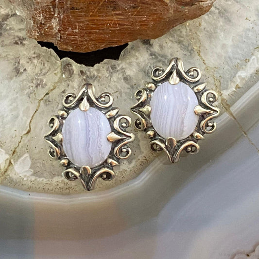 Carolyn Pollack Sterling Silver Oval Blue Lace Agate Decorated Clip-On Earrings For Women