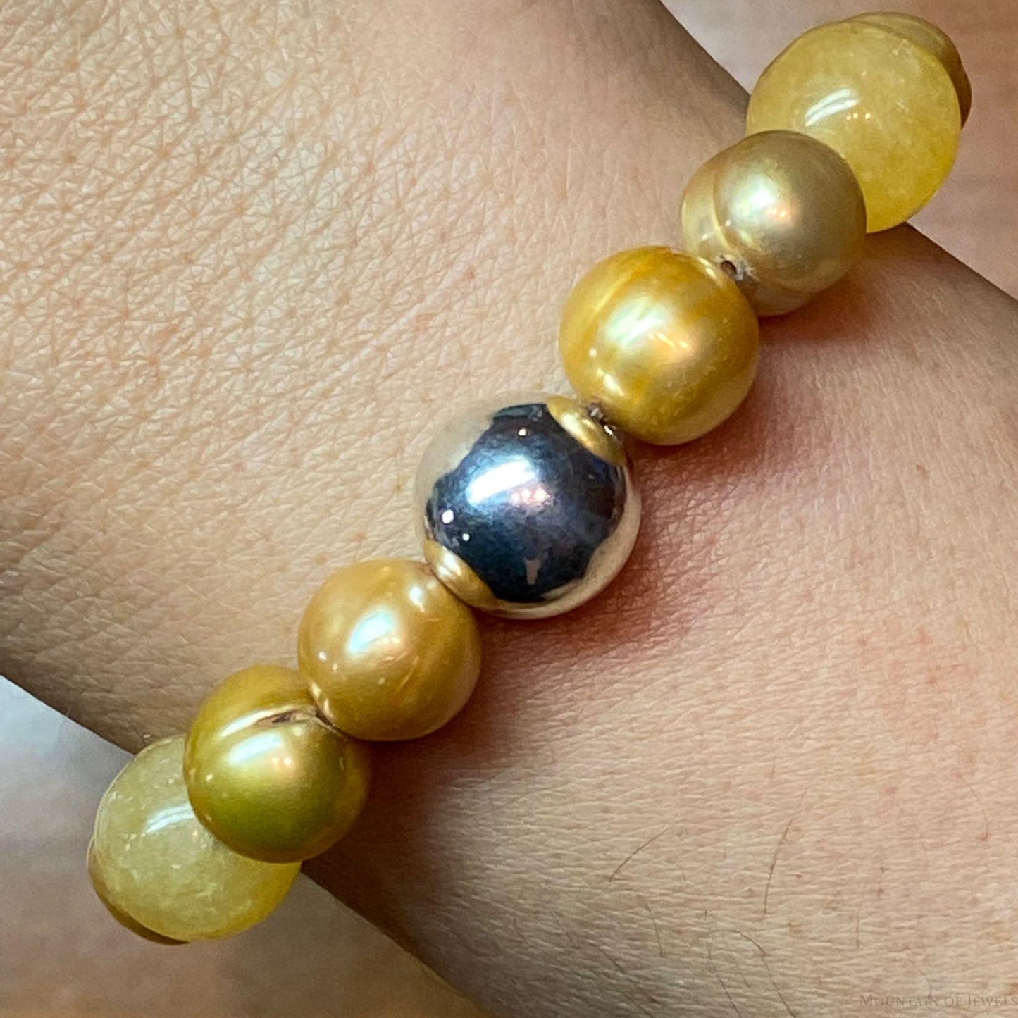 Carolyn Pollack Sterling Silver Yellow Jade & Pearl Bead Stretch Bracelet For Women