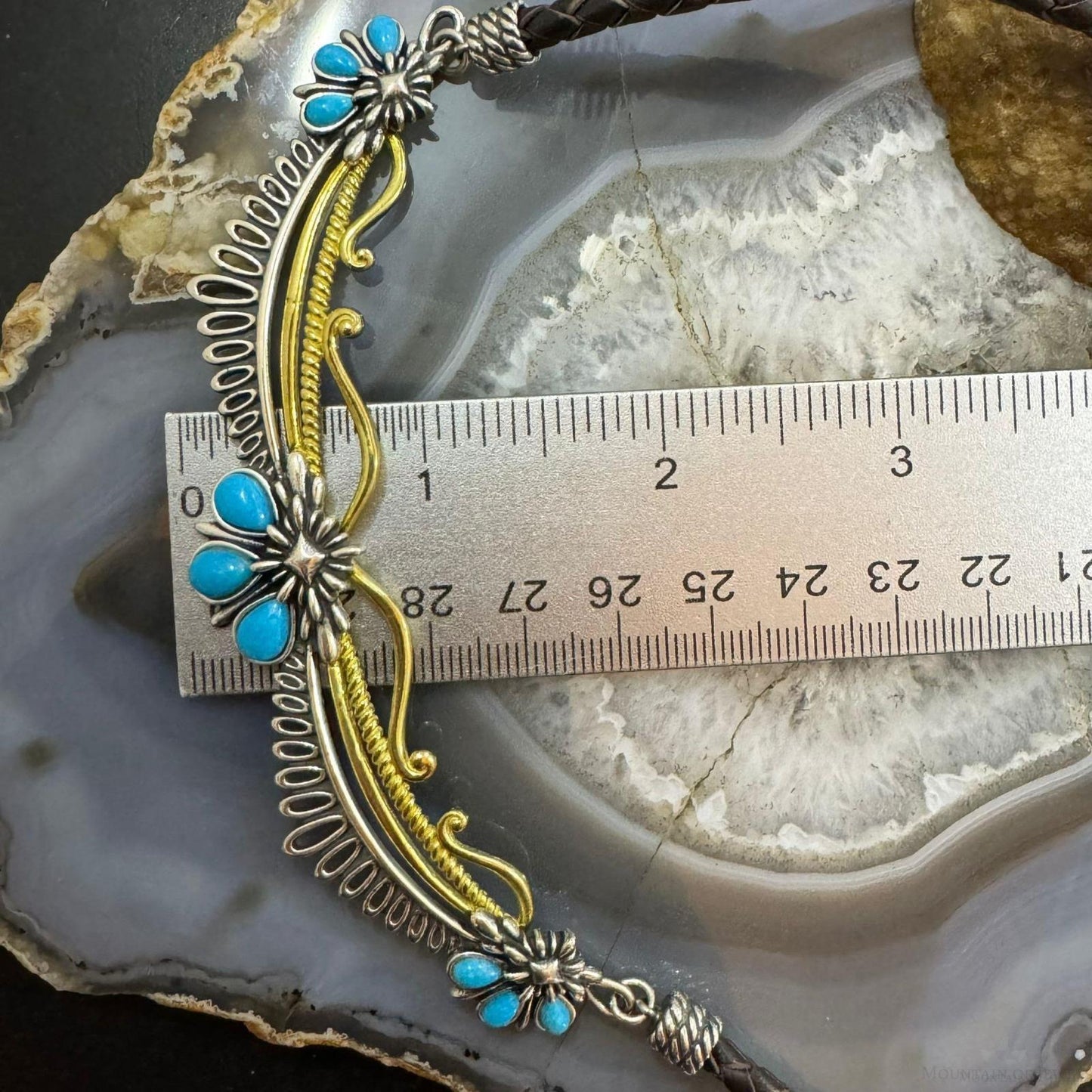 Carolyn Pollack Sterling Silver & Brass 9 Turquoise Brown Braided Leather Necklace