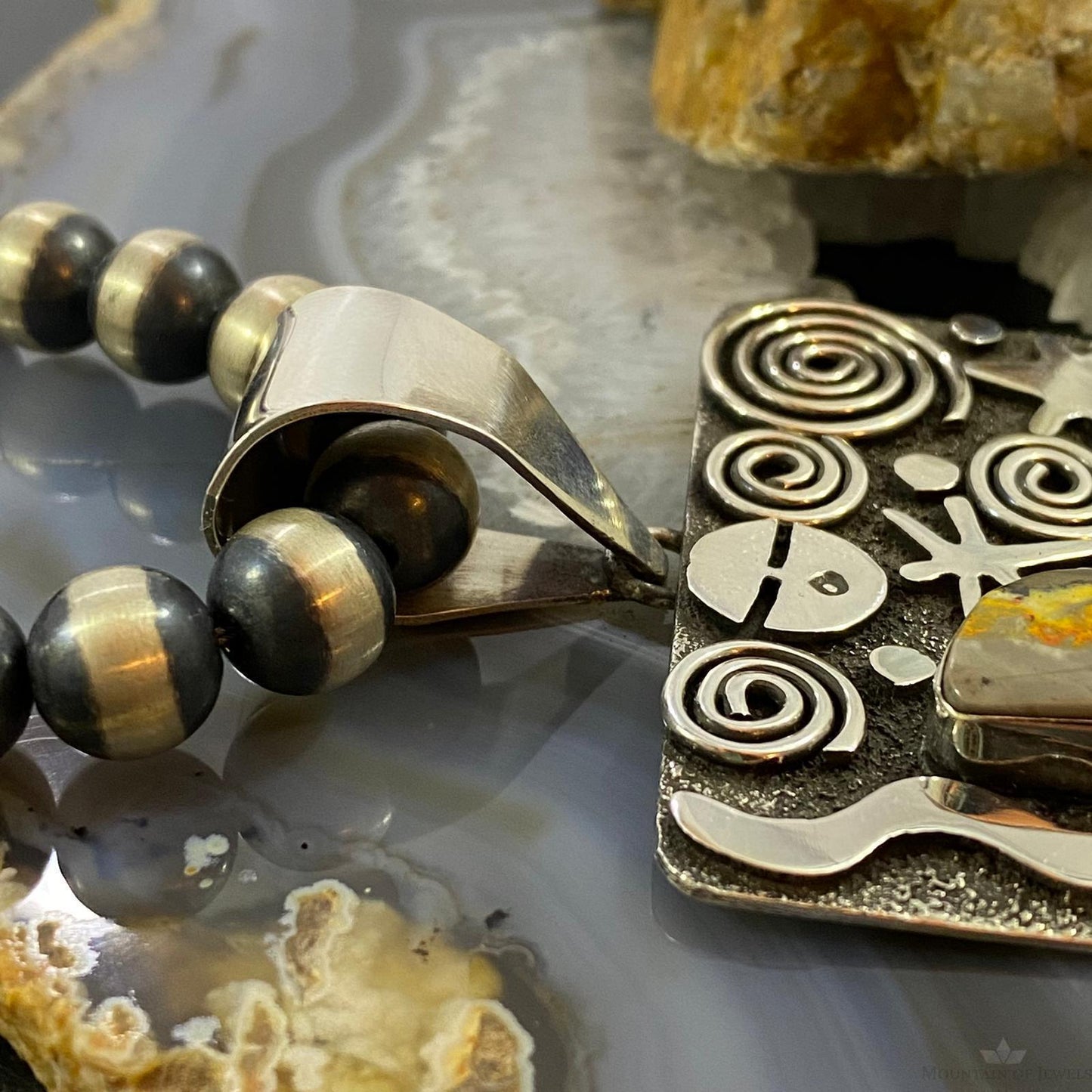 Alex Sanchez Native American Sterling Silver 2 Bumblebee Jasper Petroglyph Tablet Unisex Pendant