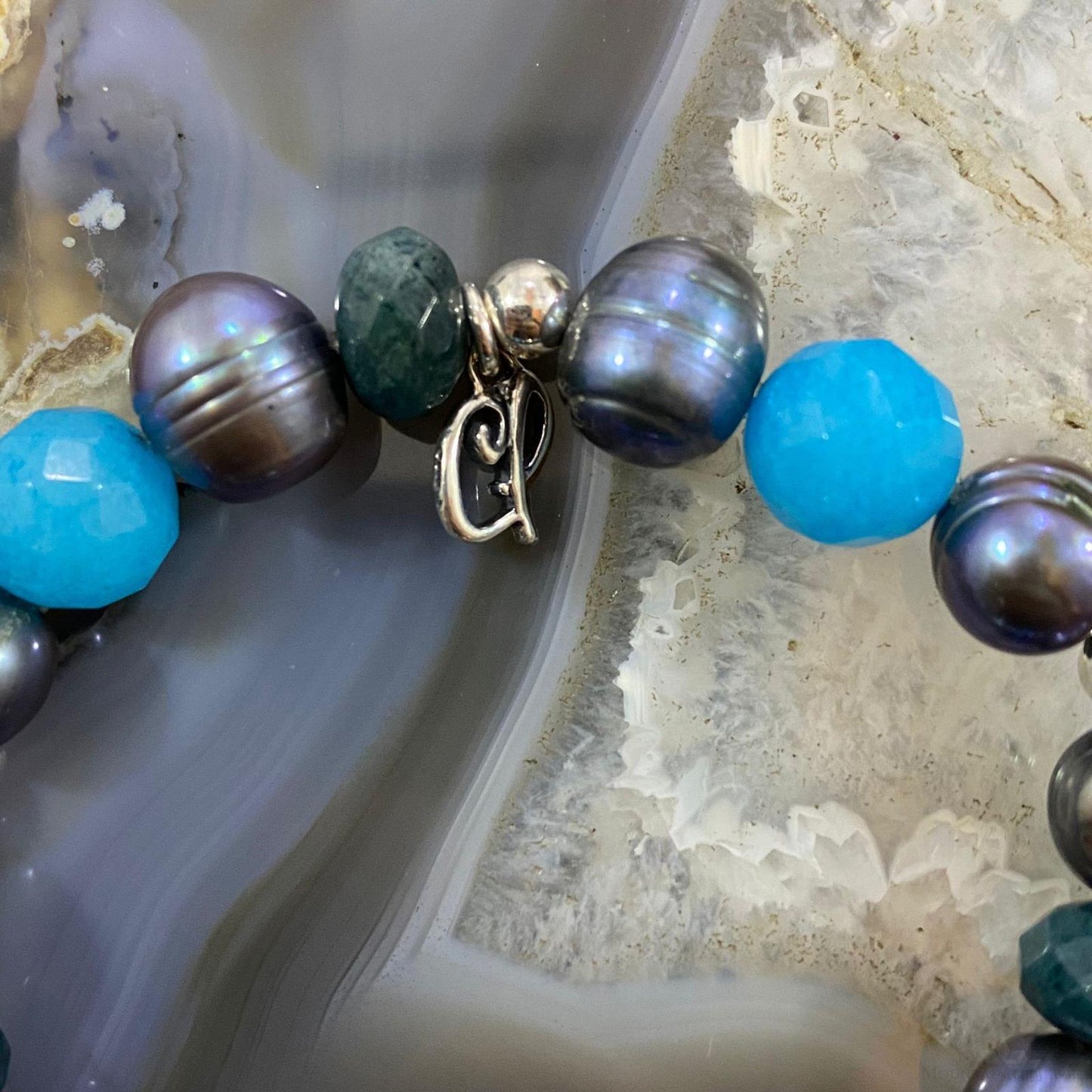 Carolyn Pollack Vintage Sterling Silver Multi Gemstone Ocean Tones Stretch Bracelet