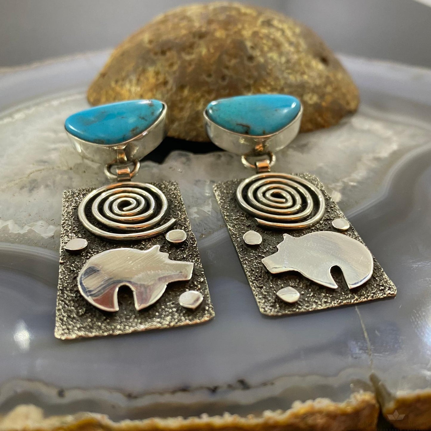 Alex Sanchez Native American Sterling Silver Turquoise Petroglyph Dangle Earrings For Women #1