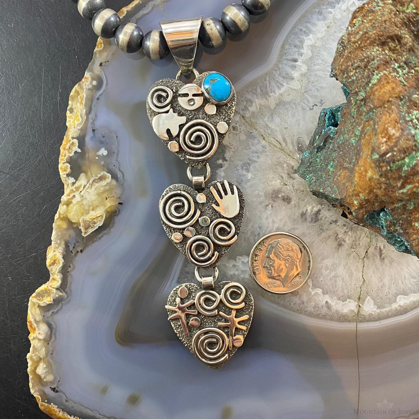 Alex Sanchez Native American Sterling Silver Triple Petroglyph Heart w/Turquoise Pendant For Women #1