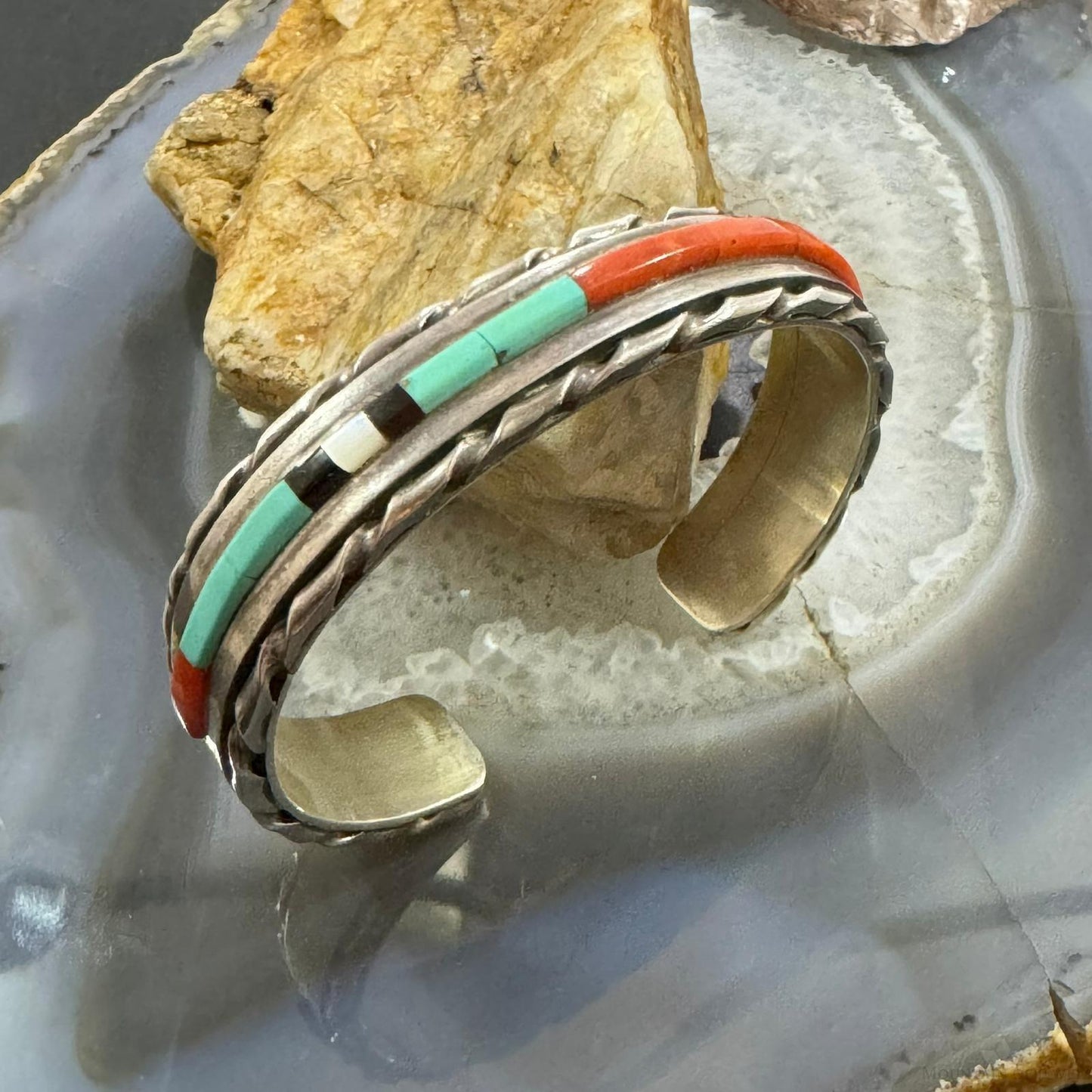 Vintage Signed Native American Silver Multi Gemstone Inlay Bracelet For Women