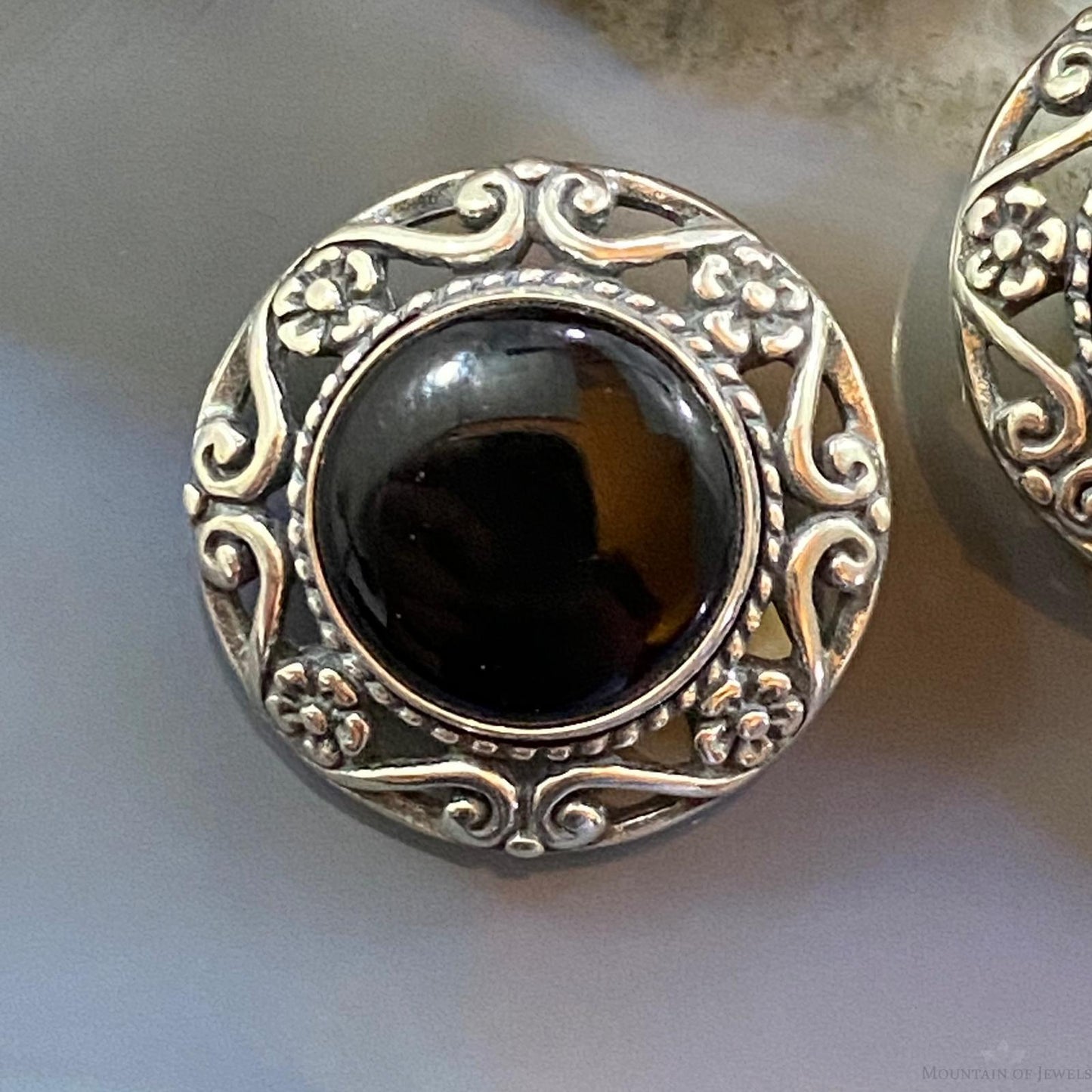 Carolyn Pollack Sterling Silver Round Onyx Decorated Clip-On Earrings For Women