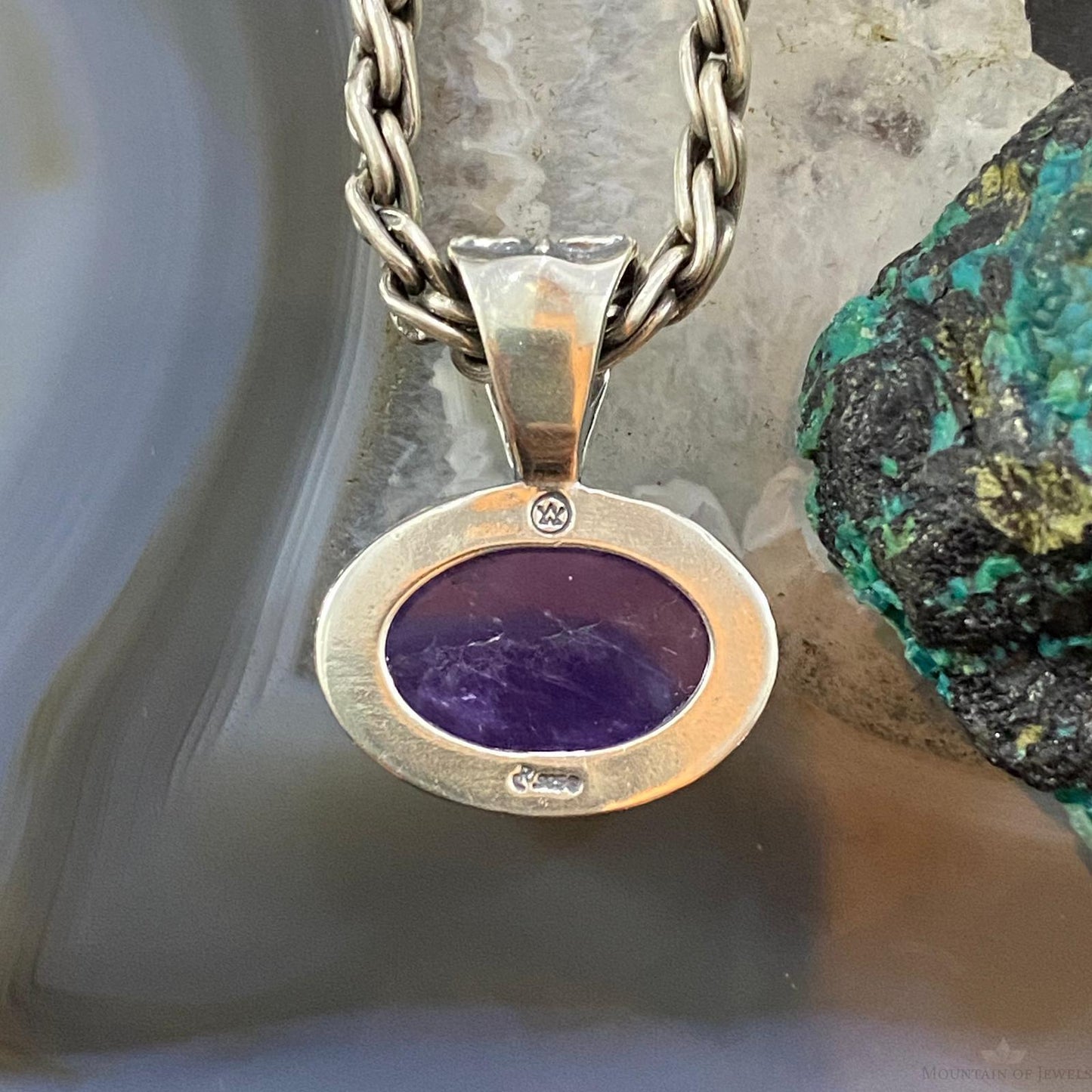 Carolyn Pollack Southwestern Style Sterling Silver Oval Amethyst Decorated Pendant For Women