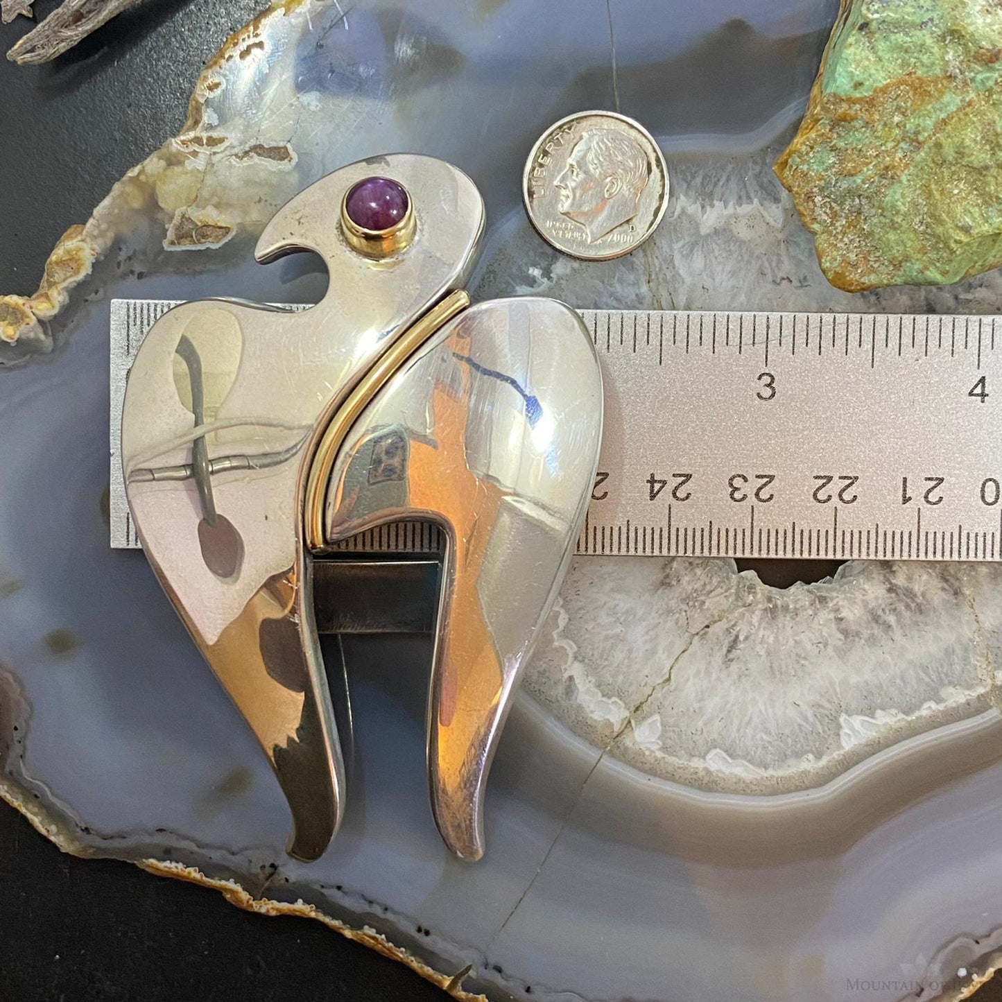 Signed Sterling Silver with 14K Gold & Round Charoite Eagle Unisex Belt Buckle