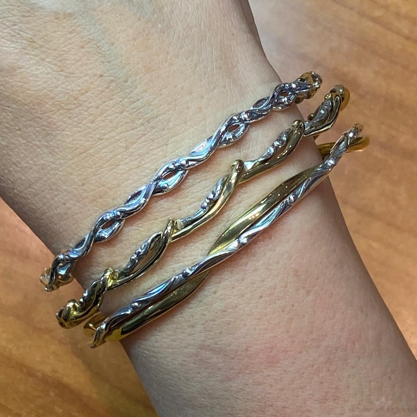Carolyn Pollack Sterling Silver & Brass Decorated 3 Bangle Bracelet Set For Women