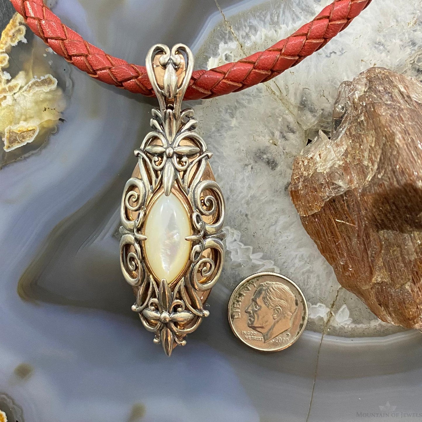 Carolyn Pollack Southwestern Style Sterling Silver & Brass Mother of Pearl Decorated Pendant For Women