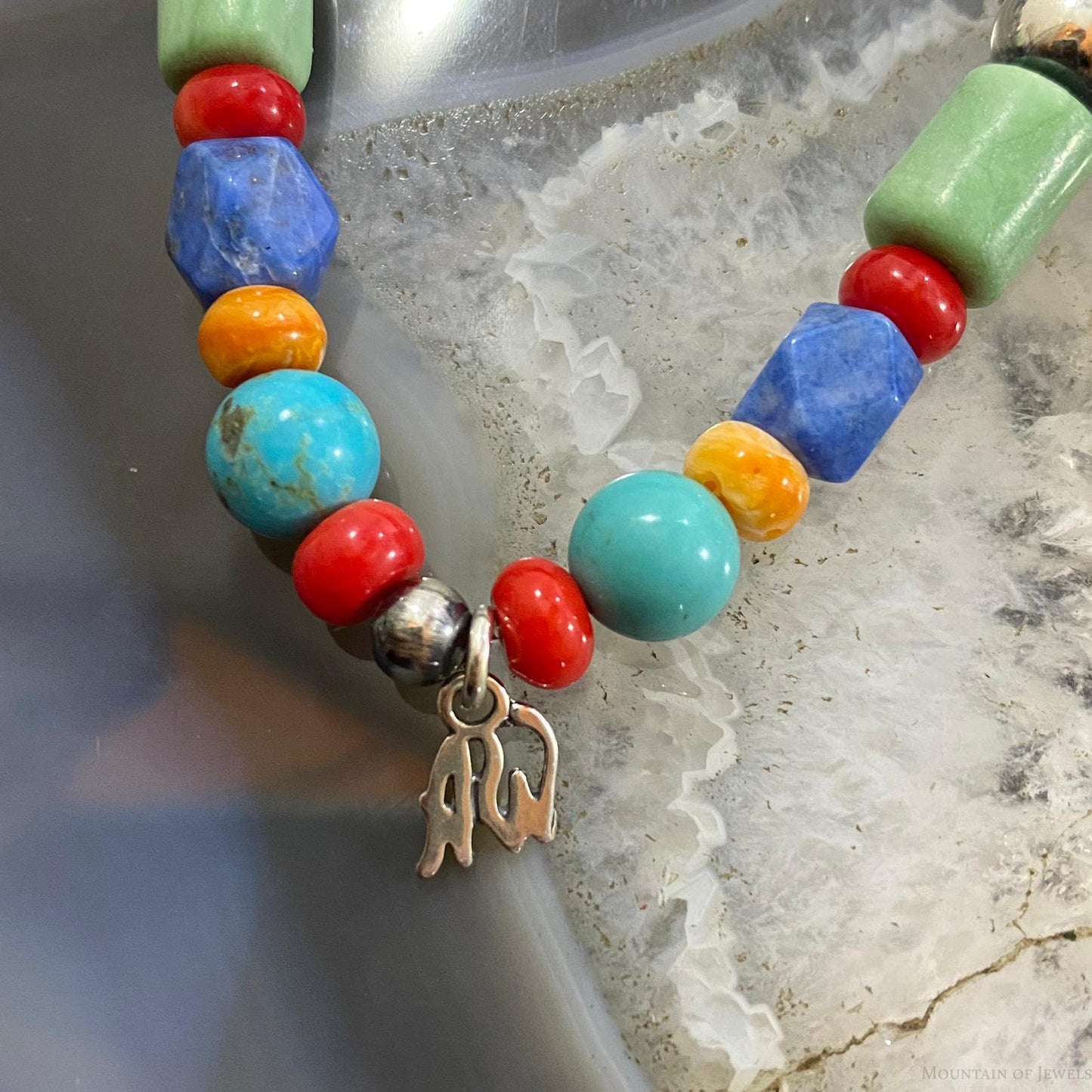 Carolyn Pollack Vintage Sterling Silver Multi Gemstone Bead w/Charm Stretch Bracelet For Women