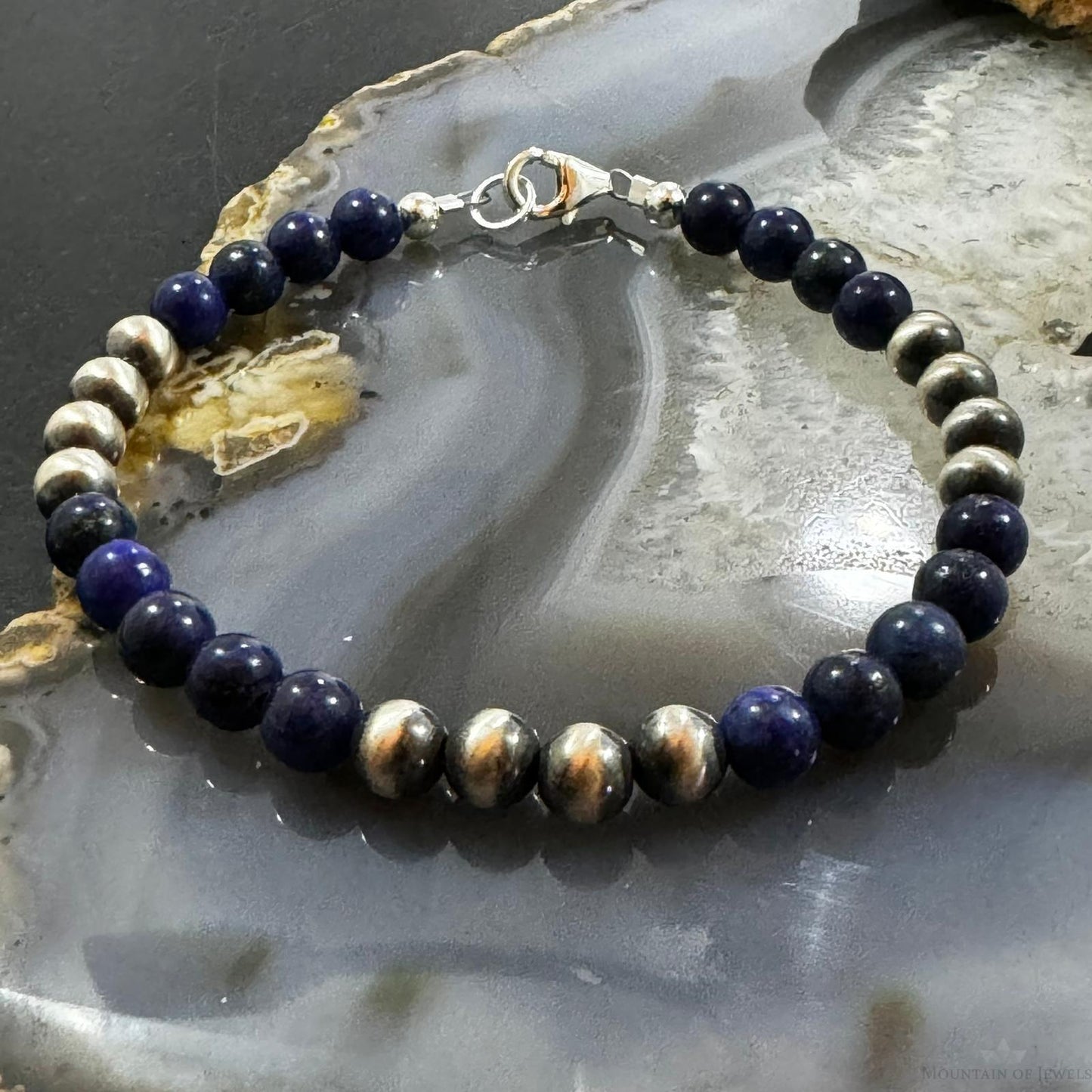 Native American Sterling Silver 5 mm Navajo Pearl & Lapis Bead Link Bracelet For Women
