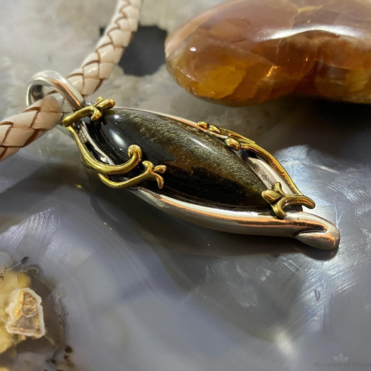 Carolyn Pollack Southwestern Style Sterling Silver & Brass Brown Quartz Decorated Pendant For Women