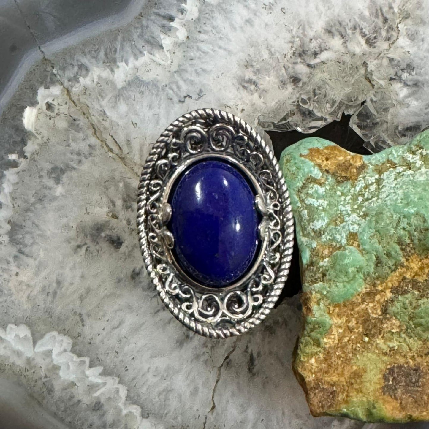 Carolyn Pollack Sterling Silver Oval Lapis Sombrero Style Decorated Size 8 Ring For Women