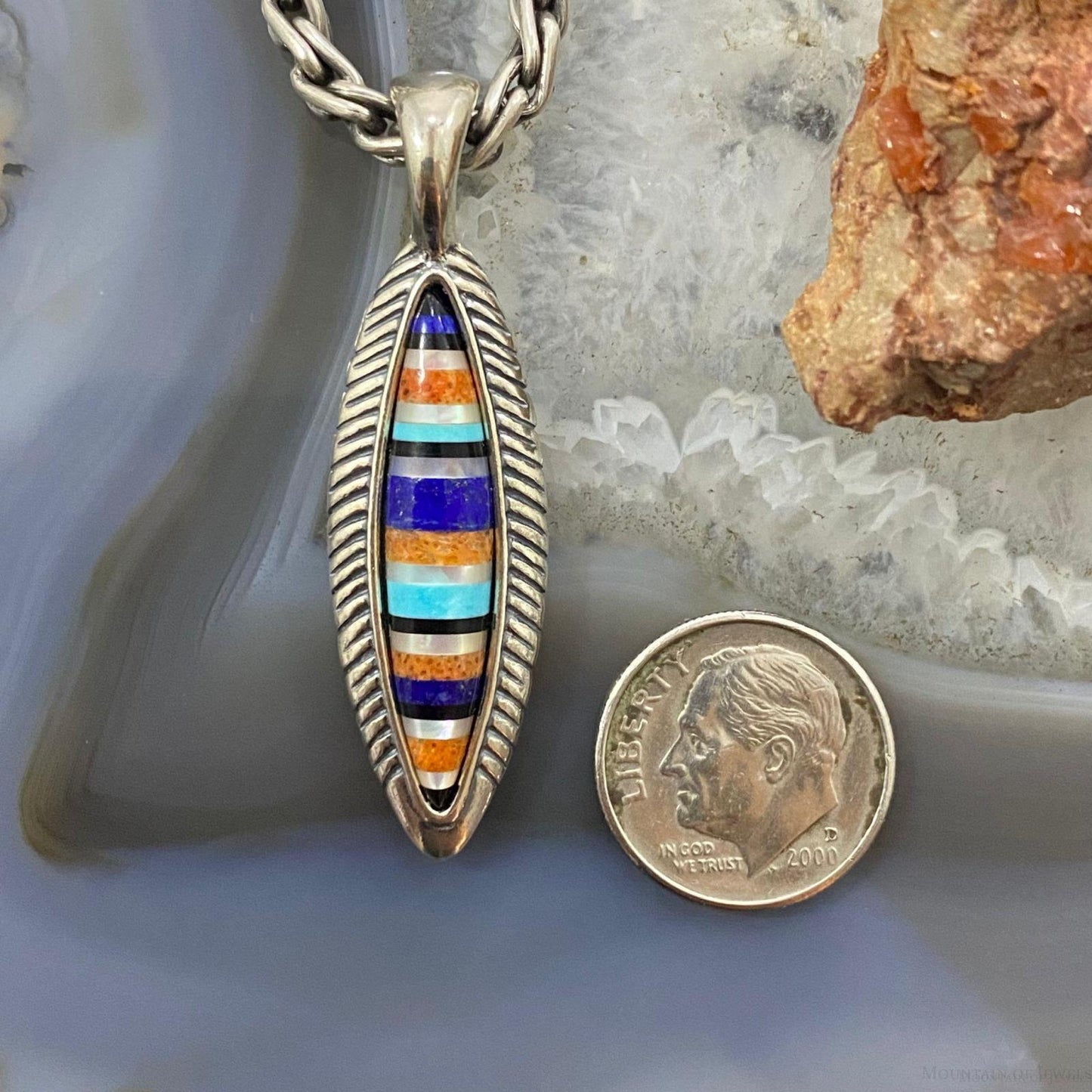 Carolyn Pollack Southwestern Style Sterling Silver Marquise Multistone Inlay Pendant For Women