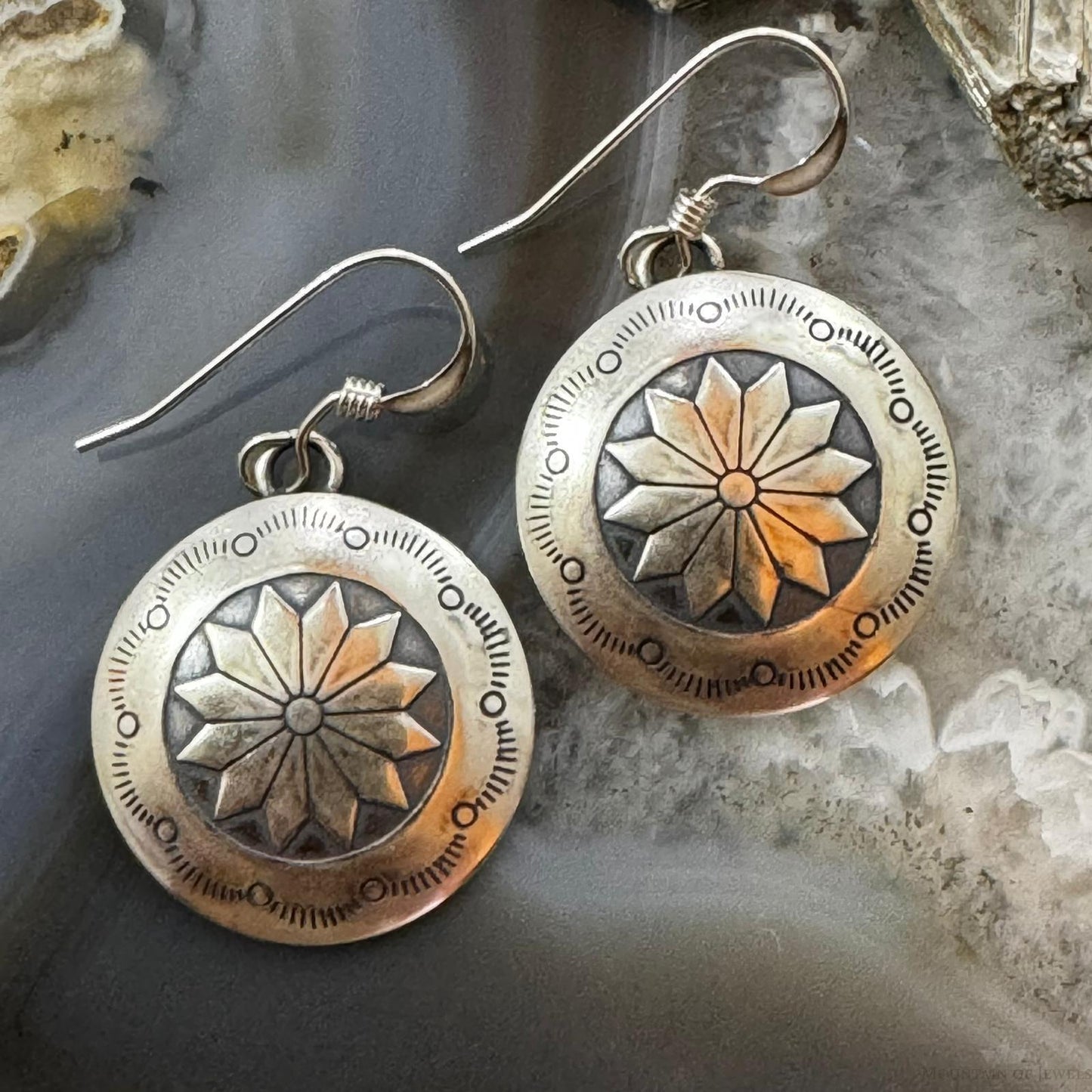 Native American Sterling Silver Stamped Flower Concho Dangle Earrings For Women
